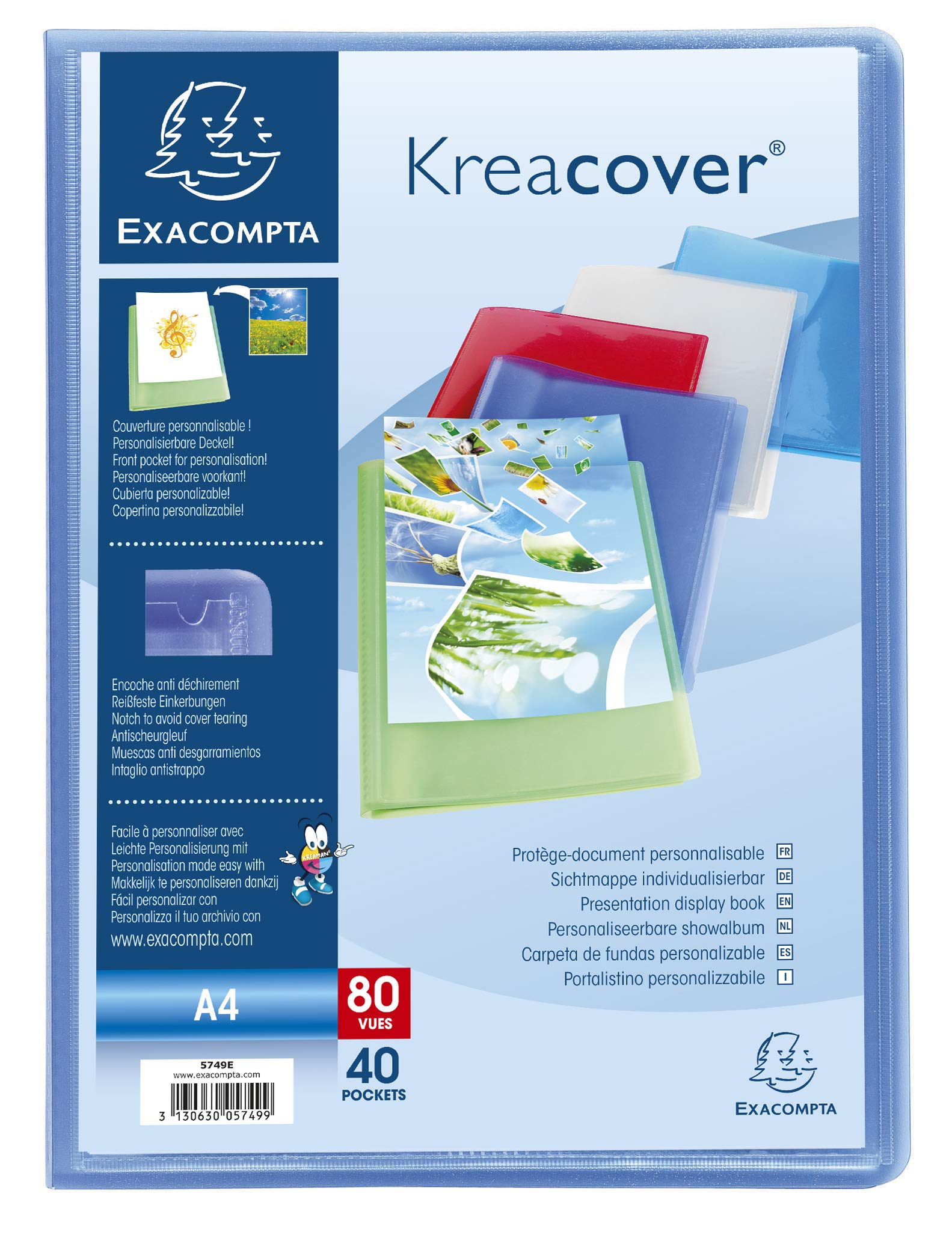 Exacompta 5749E 5er Pack Premium Sichtmappe KreaCover aus transluzenten Kunststoff DIN A4 mit 40 Klarsichthüllen, 80 Sichten, farbig sortiert, Aktenhülle, Prospekthülle
