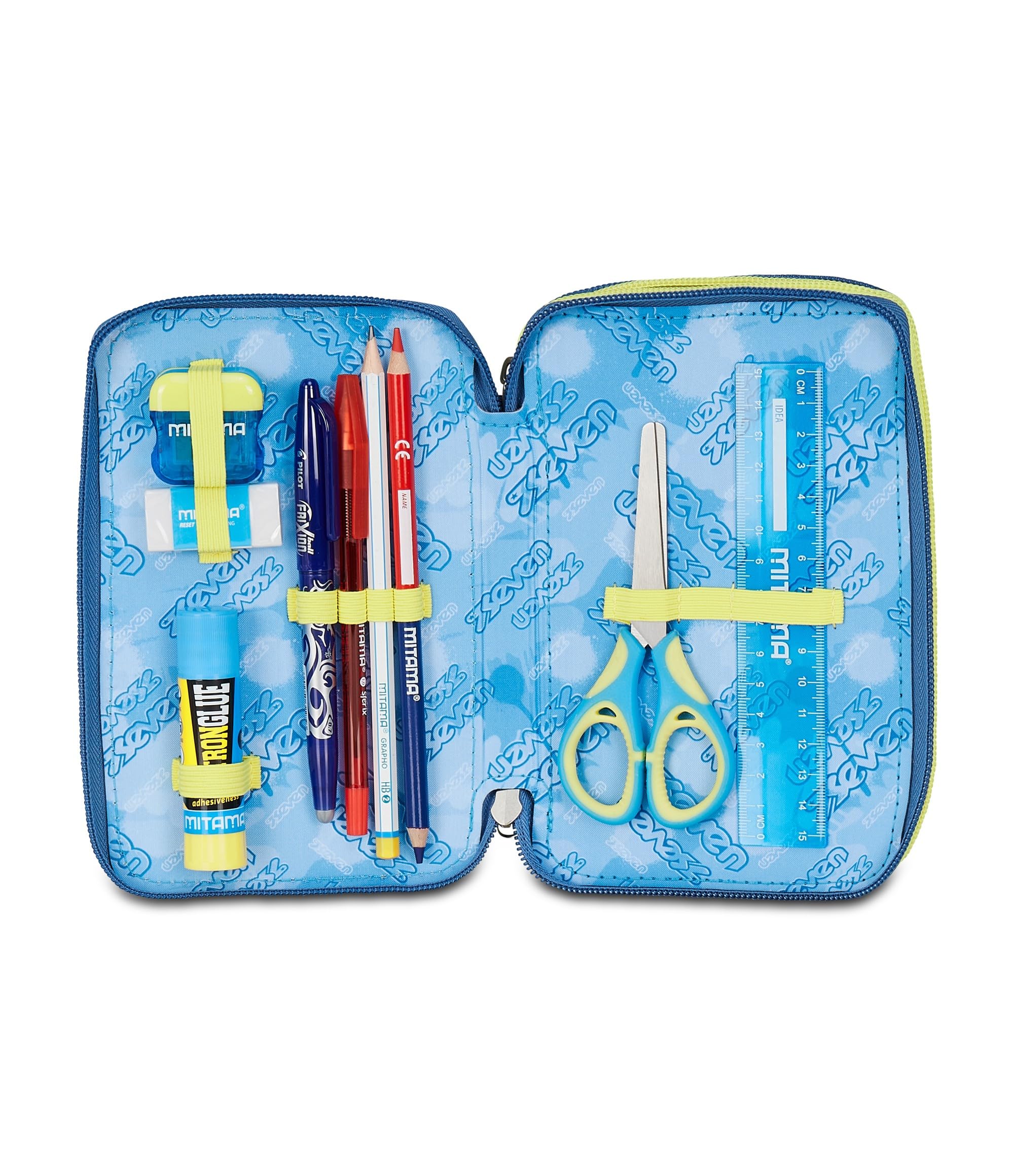 Seven Schulmäppchen mit 3 Reißverschlüssen, Grau, Federmäppchen, Dreifachfach, komplett mit Stiften, Bleistiften, Farben, Zubehör Rucksack, Grundschule, Kinder