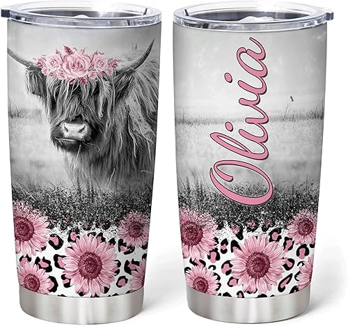 Miniatura 7 de Hyturtle Regalos personalizados para amantes de las vacas de las tierras altas, vaso de acero inoxidable con nombre personalizado, 20 onzas, lindos