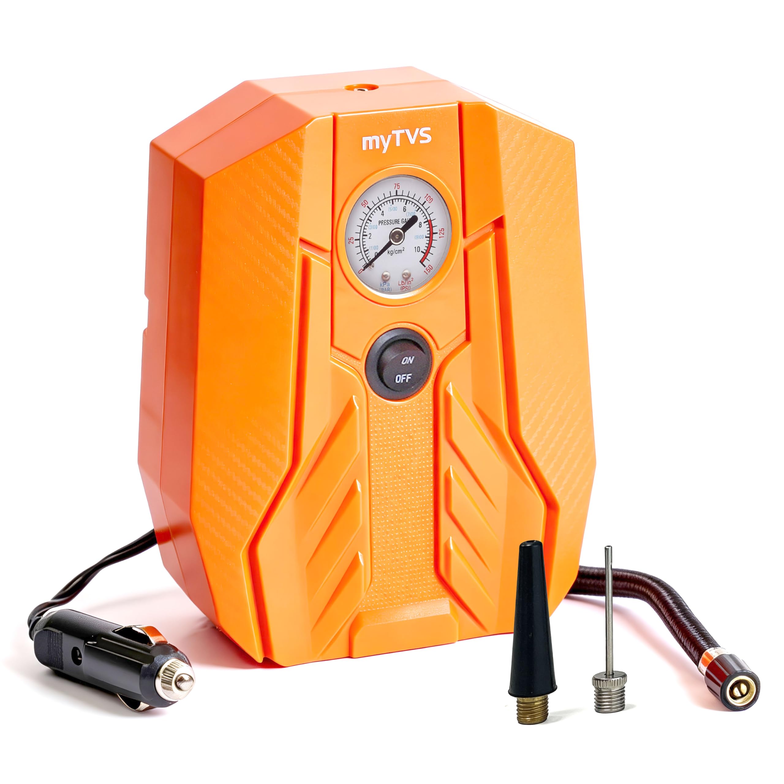 - myTVS air Champ Portable Tyre Inflator for Car, Bike, Cycle with 100 PSI Pressure | 12V DC | Analog Air Pump for Car tyre with LED Torch & Long Cord | 1+1 Years Warranty (TI-15)