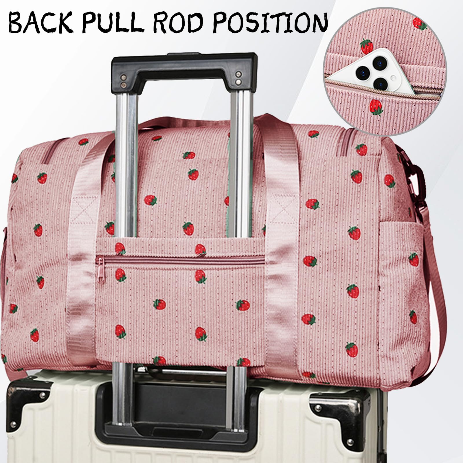 Borsone da Viaggio da Donna, Fragola Borsa Sportiva Donna in Velluto a Coste, Borsa Sportiva con Scomparto per Scarpe, Scomparto Umido and Portafoglio Piccolo, per Notte Weekender