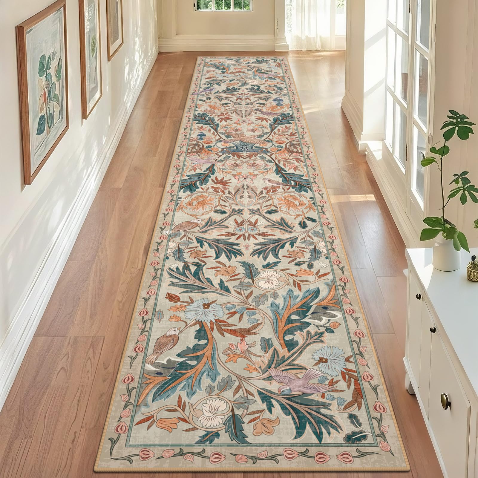 TUKDAK Runner Rug for Hallway 60x300cm, Beige Bird Washable Carpet for Kitchen with Non Slip Backing, Soft Low Pile Long Entryway Rug, Boho Animal Bedroom Floor Mat for Entrance Living Room Laundry