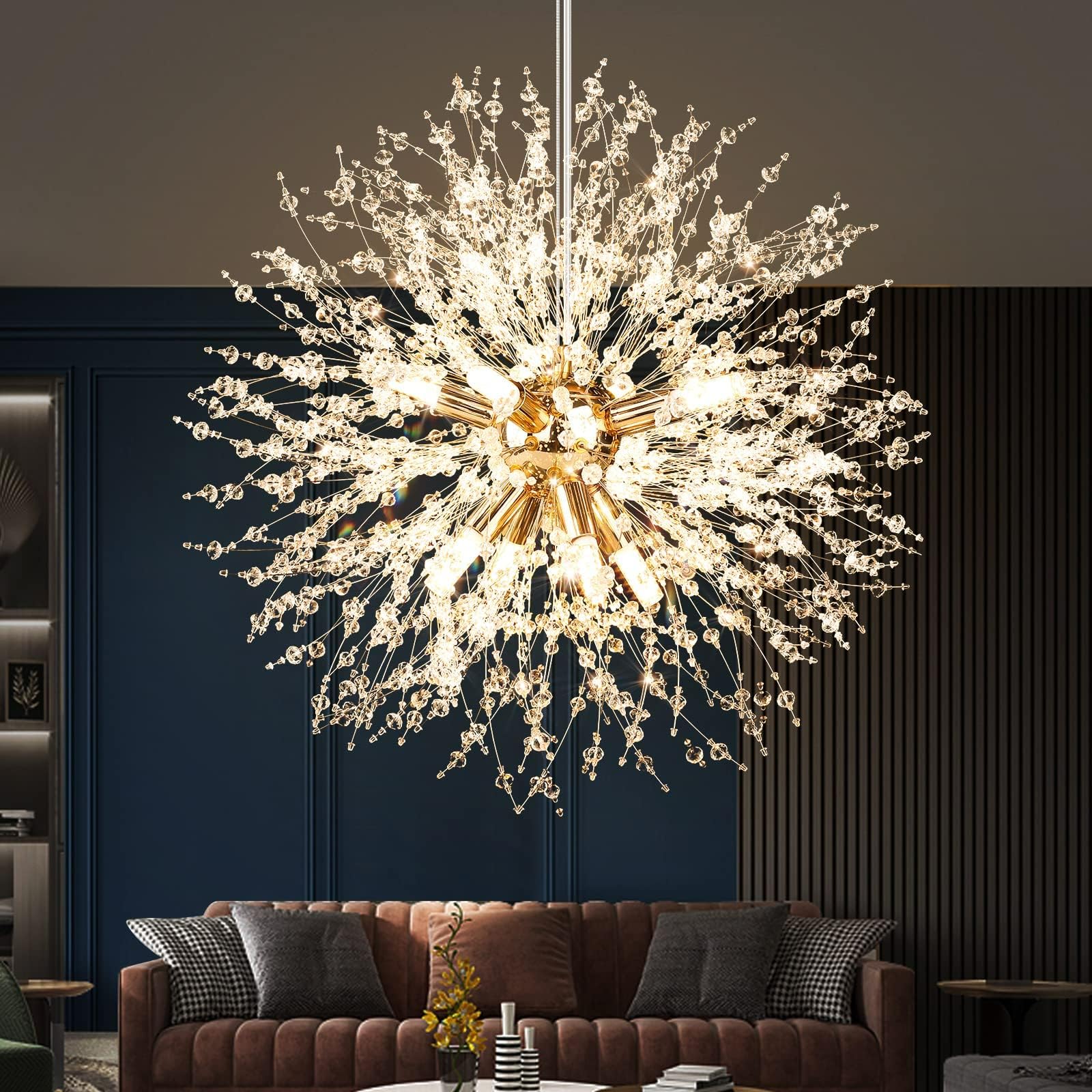 USOR Modern Crystal Chandeliers Firework 8 Lights 40cm Diameter Bulbs Included Sputnik Ceiling Light Fixtures Semi Flush Mount Dandelion Pendant Light for Bedroom Living Dining Room Kitchen Foyer
