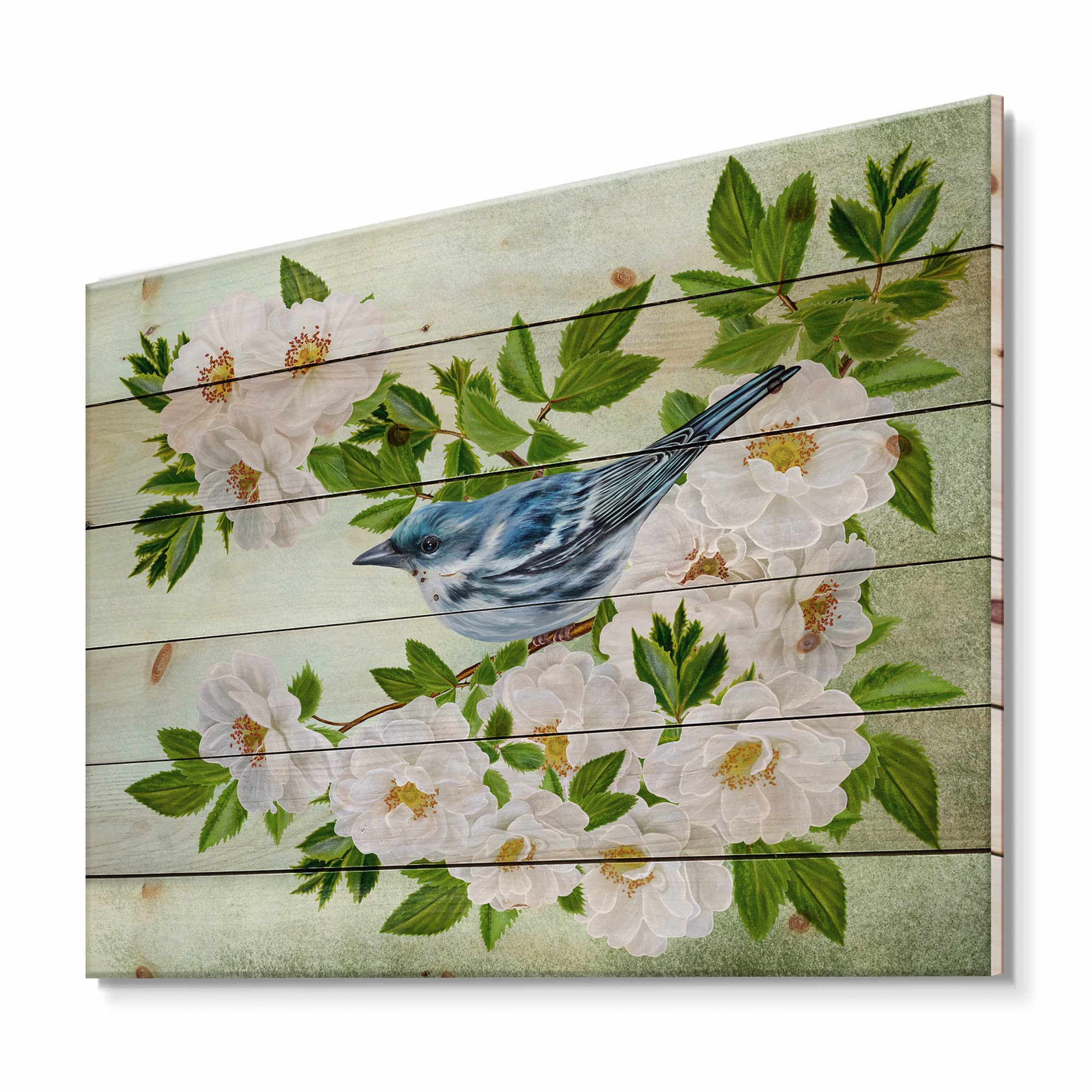 Little Blue Bird Sitting On A Branch Of White Rose Traditional Wood Wall Decor, Green Wood Wall Art, Large Animals Wood Wall Panels Printed On Natural Pine Wood Art