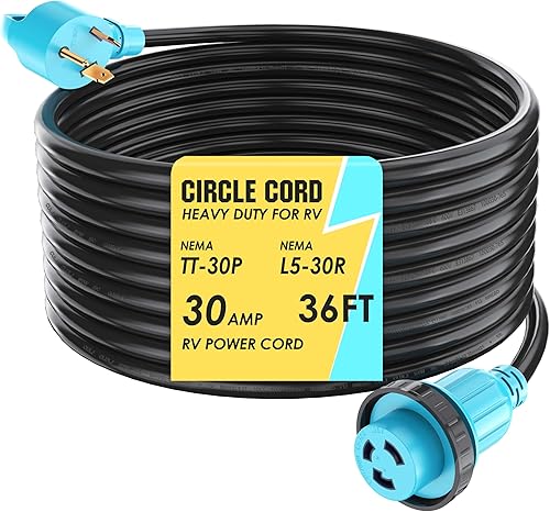 CircleCord Cable de extensión para caravana de 30 amperios y 36 pies, resistente calibre 10, 3 alambres, alambre de cobre puro STW con mango de
