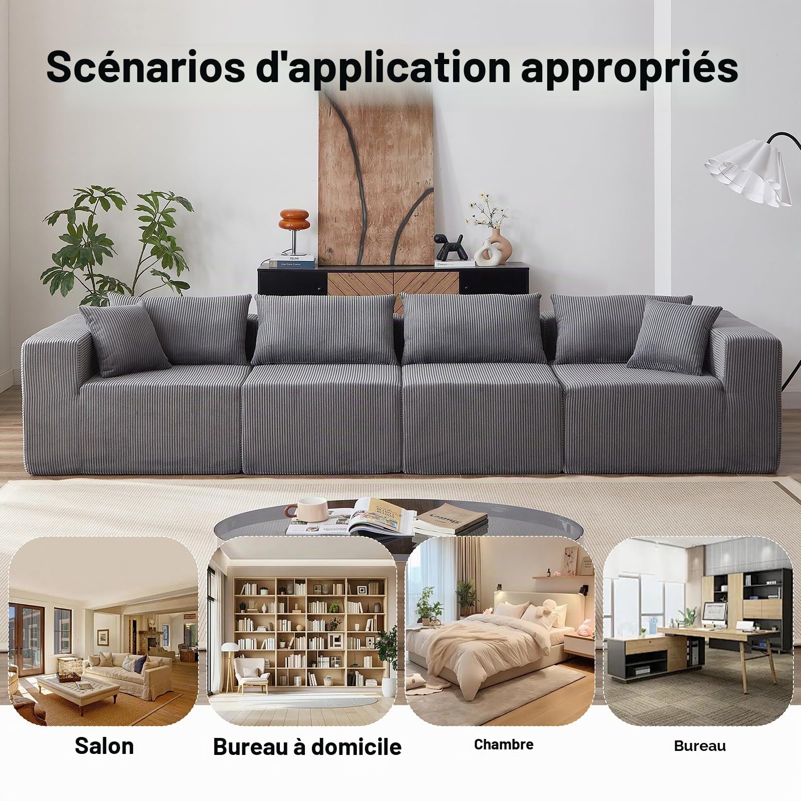 Yihomfy Canape d Angle Modulable, Canapé Compressé 4 Places, Boneless Couch Sofa, Canape Lit Convertible, Velours Côtelé, Mousse, Peut être Combiné Librement, pour Salon, Chambre à Coucher