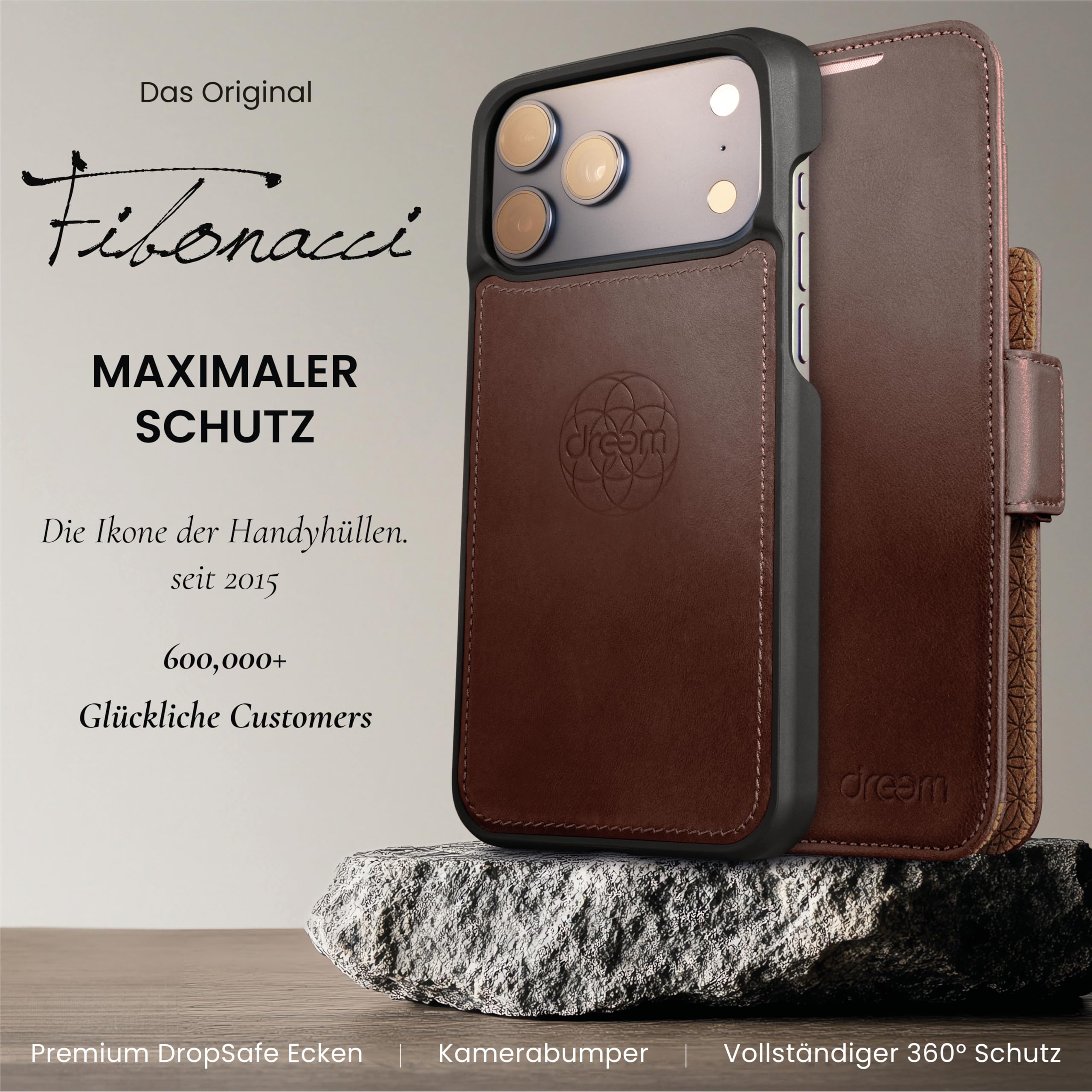 Dreem Lederhülle für iPhone 17 Pro Max - Revolutionärer Ständer & Kartenfach, Abnehmbare Magnetische Hülle, MagSafe-Ready, RFID-Blocker, Wallet-Case aus Echtem Leder, Geschenkbox [Fibonacci:Chestnut]