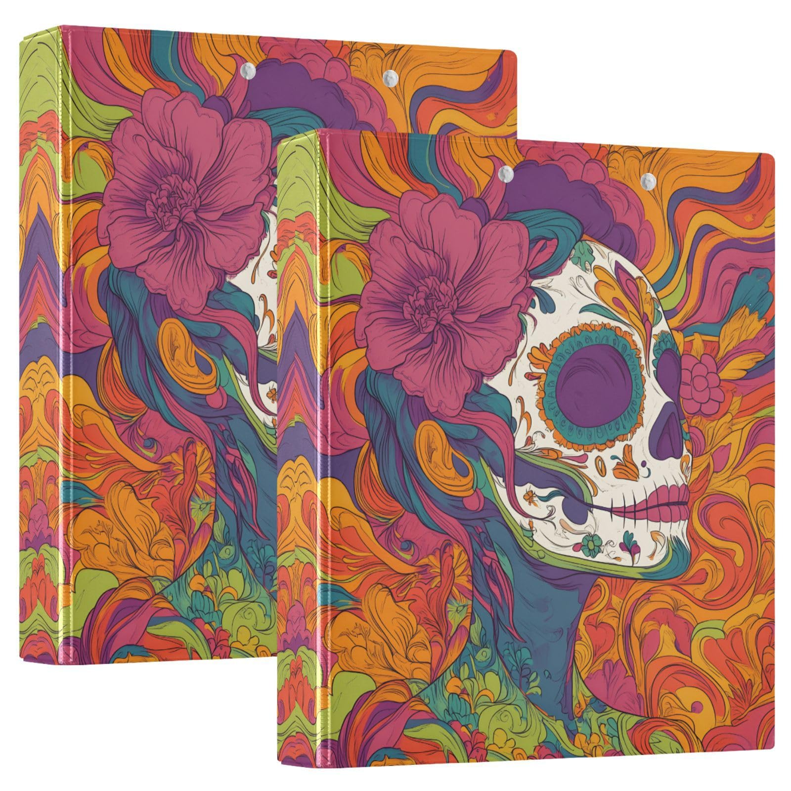 Confezione da 2 raccoglitori a 3 anelli, con teschio di zucchero e fiori, 3,8 cm, con 3 tasche trasparenti, portablocco e contiene 200 fogli, per ufficio, scuola, organizzazione domestica