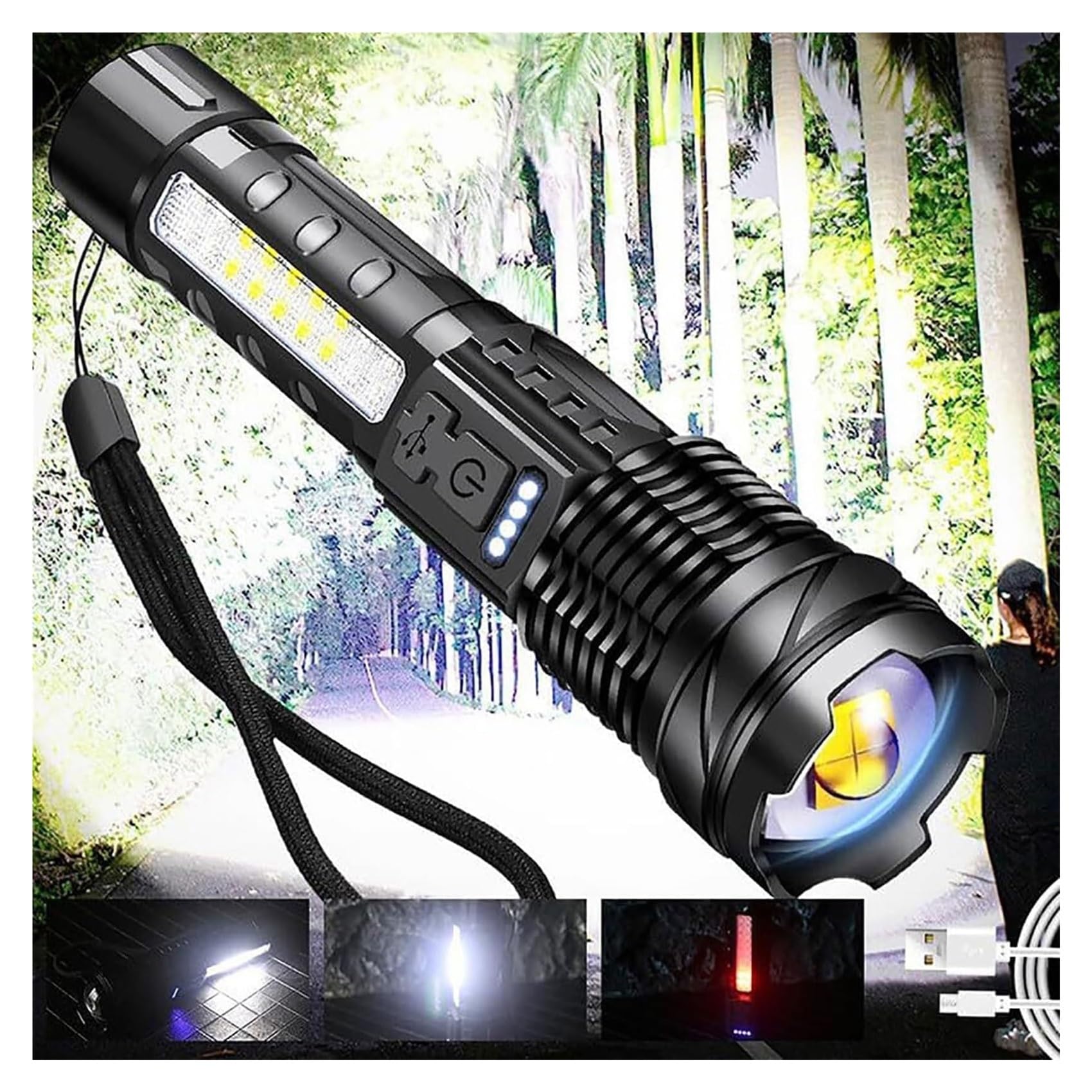 Outdoor Strong Light Flashlight USB Rechargeable 1500 Lumens, Earc Strong Flashlights High Lumens, Flash Lights for Camping, Waterproof, Zoomable(2 pc)