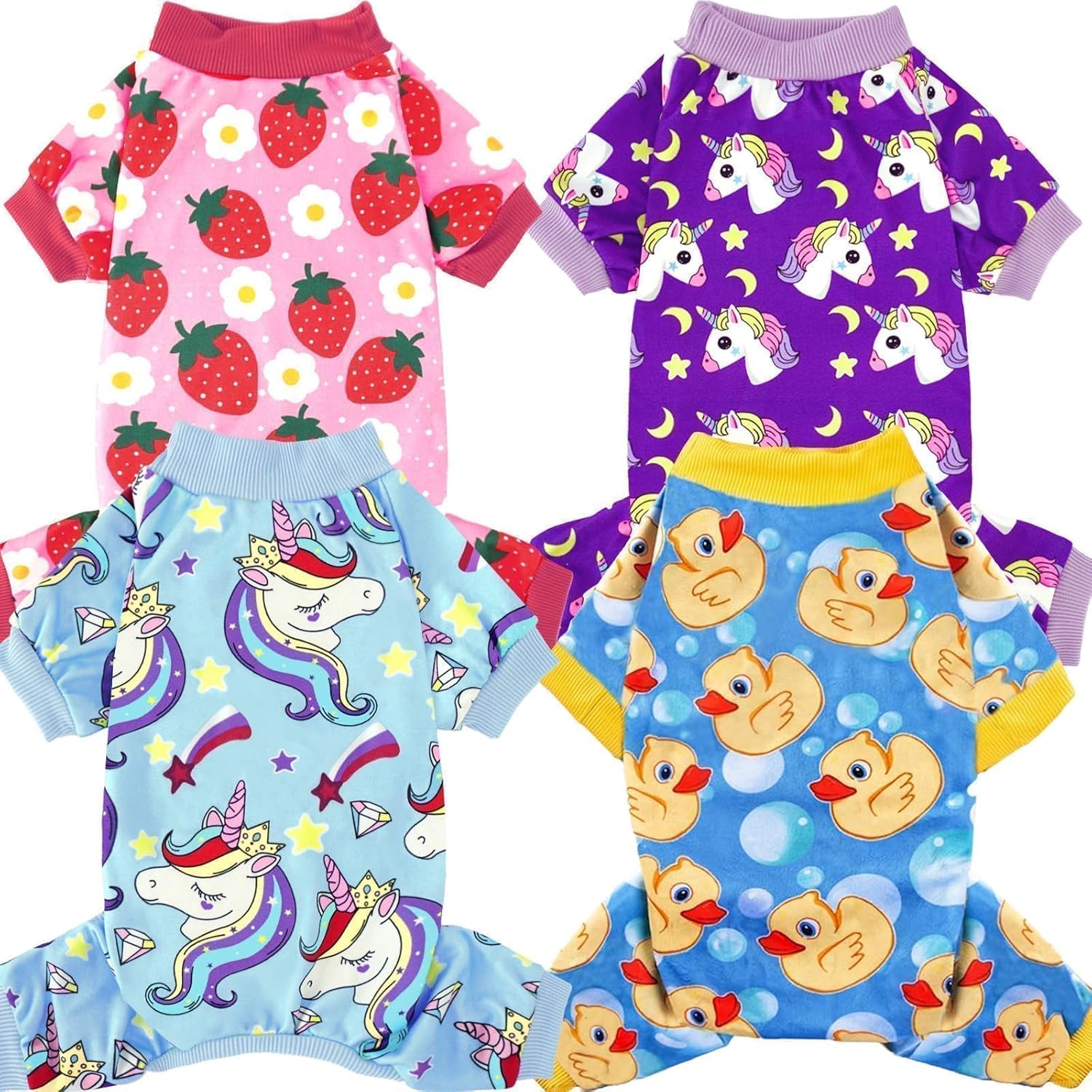 XPUDAC 4 Pack Dog Pajamas for Small Dogs Cats Plaid Dog Clothes Puppy Onesies Pet Christmas Pajamas Puppy Jumpsuits Pet Pjs Shirt Apparel Duck, Strawberry, 2 Unicorn X-Large(Chest-20.8" Back-16" Neck-12")