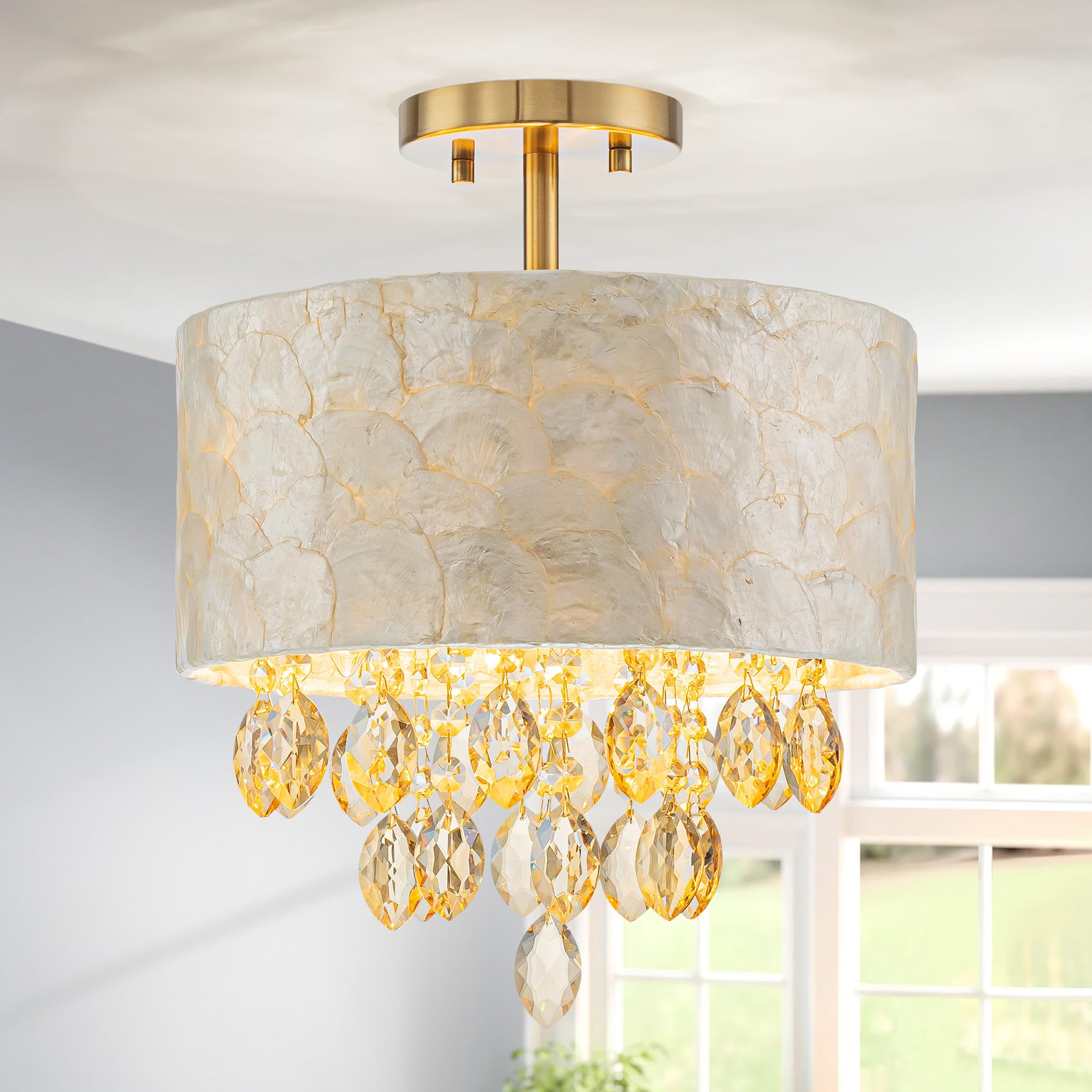 Photo 1 of Pine Flicker 3-Light Capiz Shell Crystal Drum Ceiling Light, Coastal Style Close to Ceiling Light Fixture for Dining Room, Living Room & Bedroom, D12 * H14 inch, Champagne Crystal & Gold Finish