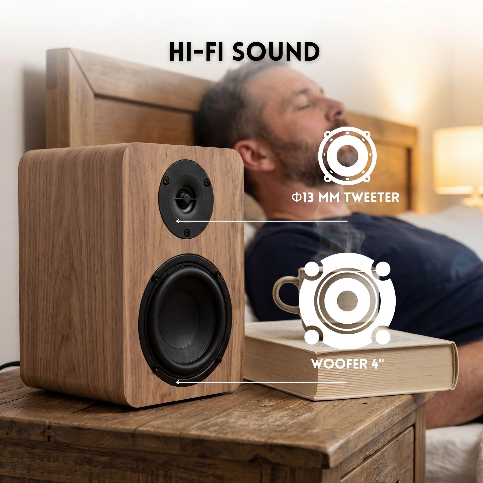 VULKKANO A4 ARC MKII - Altoparlanti autoamplificati con woofer da 4", Bluetooth 5.0, HDMI ARC, ottico, RCA, USB, con uscita subwoofer, monitor da studio dal design elegante, colore marrone