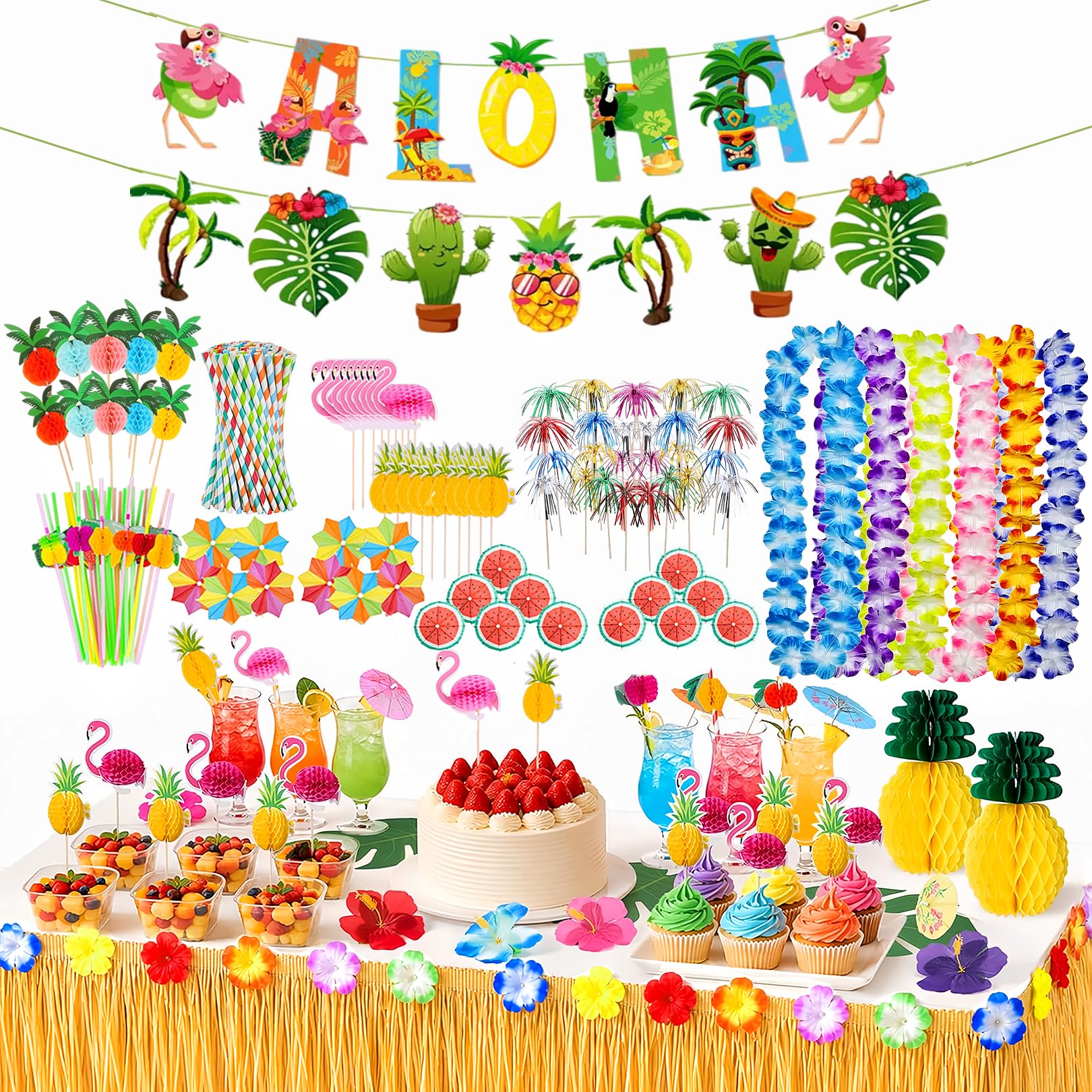 Mtjkkpo Hawaiian Tropical Party Decoration Set, 131pcs Cocktail Accessories Drinks with Grass Table Skirt Hawaii Garland Umbrellas Straws Sparkler Sticks Cake Toppers Bar Birthday Picnic Beach