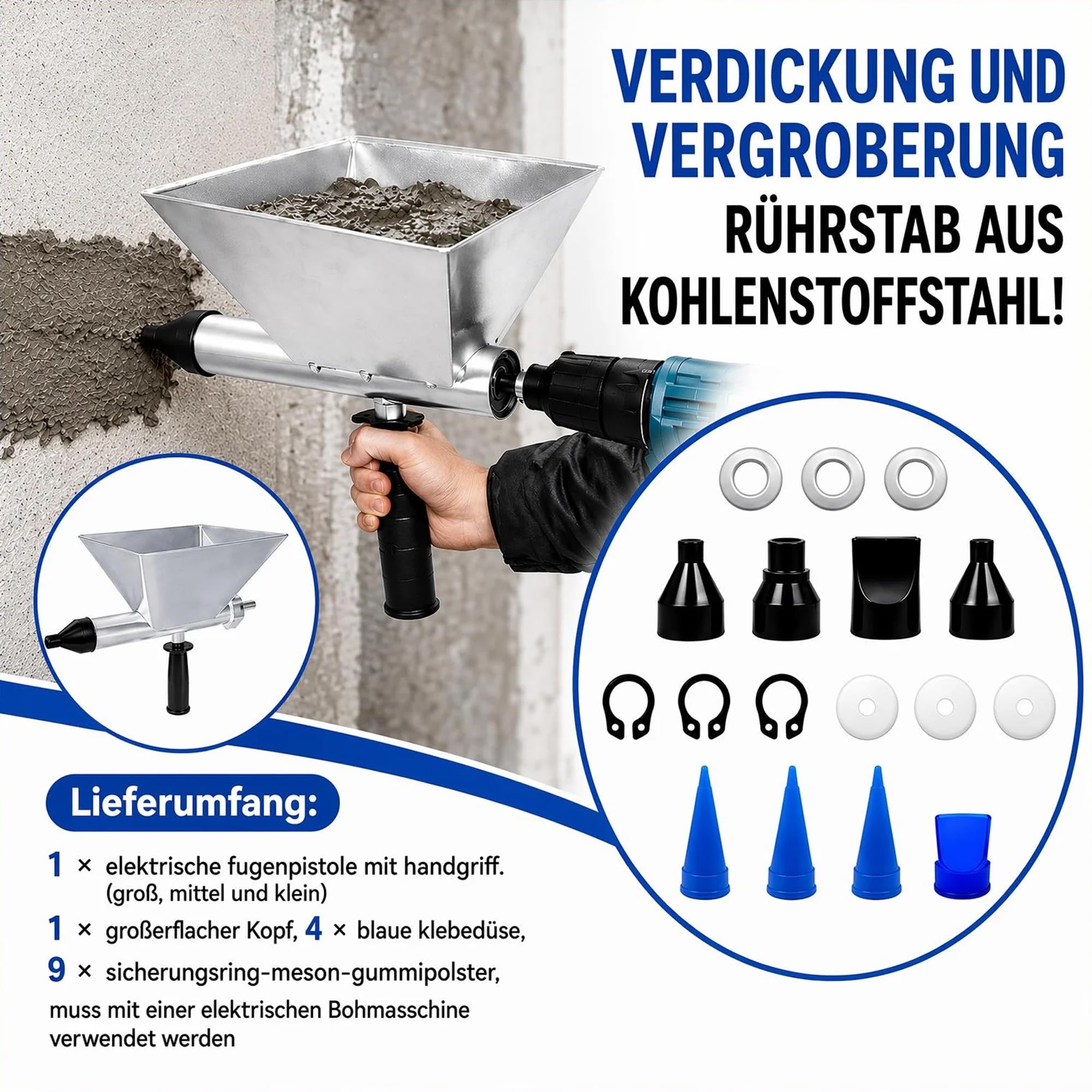 Elektrischer Fugenpistole für Mörtel mit 8 abnehmbaren Düsen, Tragbarer Elektrischer Mörtelspritze Fugenpistole, Trichterförmiges für Mörtelfuge Abdichten Werkzeug,Fugenpistole,Steinmauer Böden