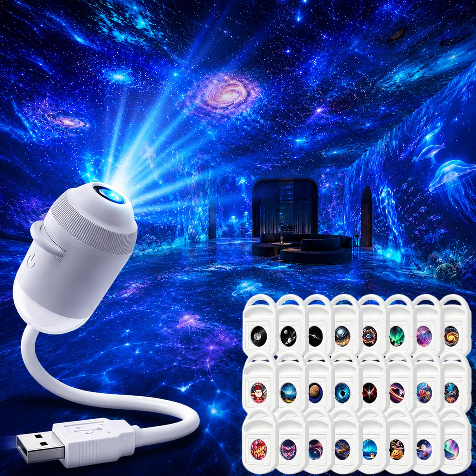 Hd Smart Dynamic 5d Holographic Night Light Projector, Plug and Play Star Projector, 360° Adjustable Hd-Galaxy and Ocean Projectors for Bedroom Ceiling (24PCS)