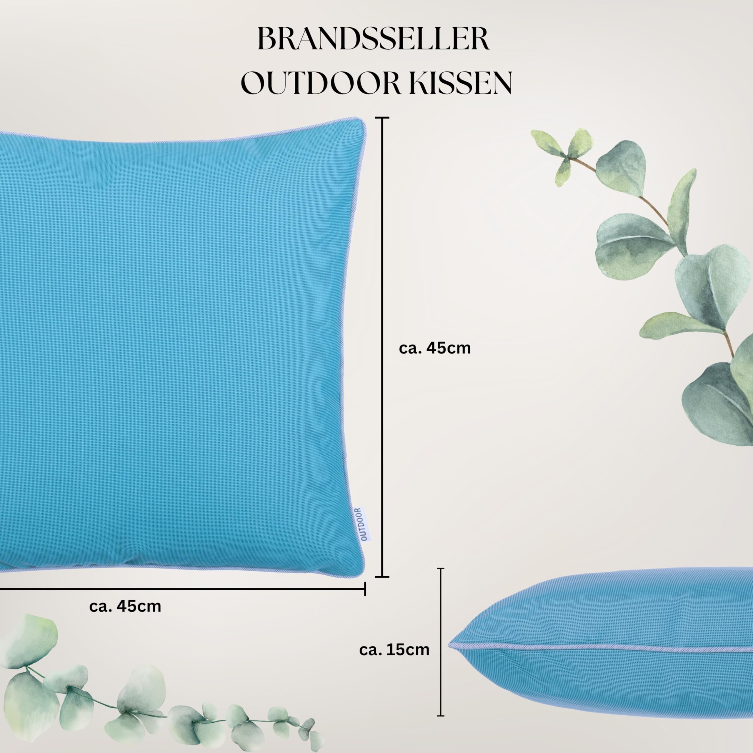 Brandsseller Set de 2 Cojines de Exterior 45x45 cm – Cojines Decorativos Impermeables con Ribete – Resistentes a la Intemperie para Jardín, Sofá, Balcón y Terraza – Azul Agua