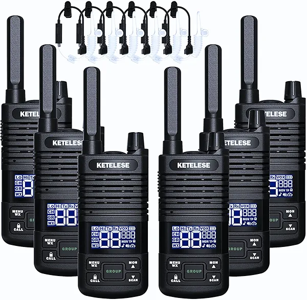 KETELESE T1 Two Way Radio, FRS Walkie Talkies with Earpiece, Long Range Walkie Talkies for Adults, USB C Rechargeable 2 Way Radio, NOAA, VOX, Group Call for Traveling Biking Camping Hiking, 6 Pack
