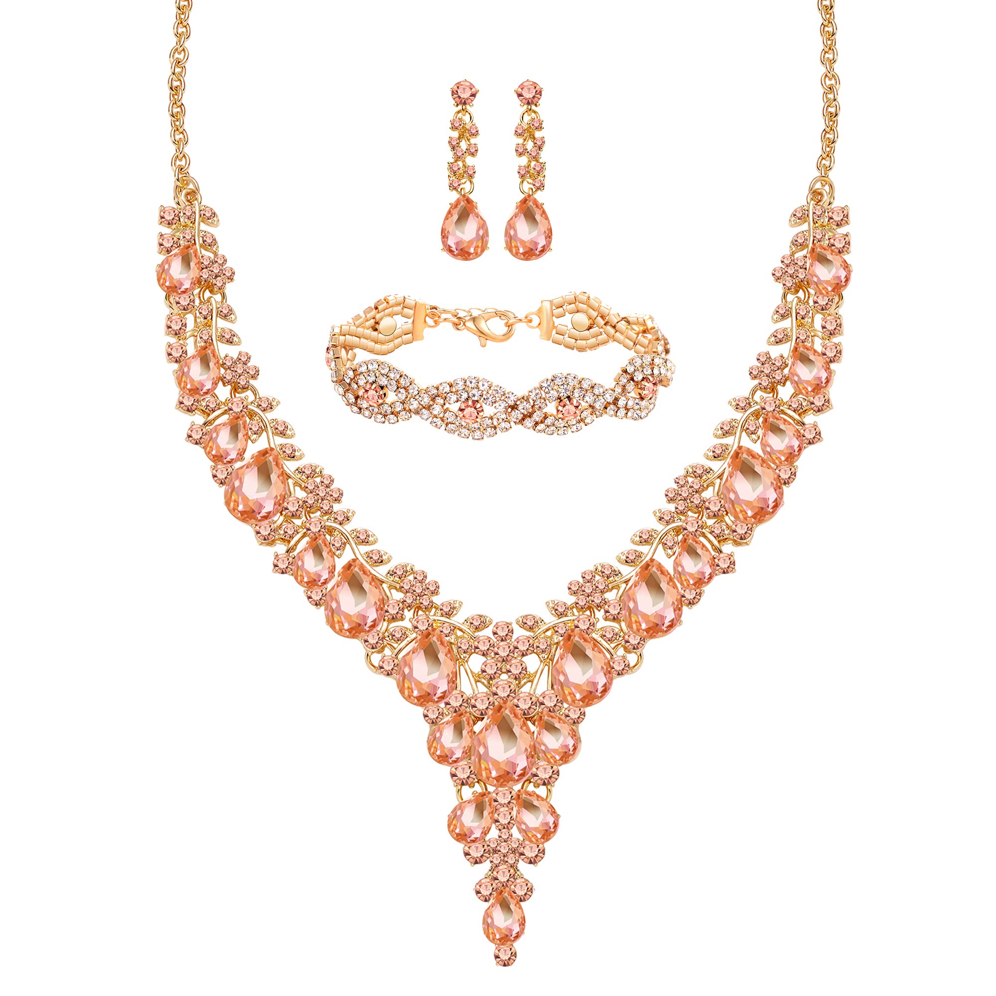 Miraculous Garden3/4 Pieces Women Wedding Bridal Crystal Tiara Crown Teardrop Statement Necklace Link Bracelet Dangle Earrings Rhinestone Handbag Jewelry Set for Women