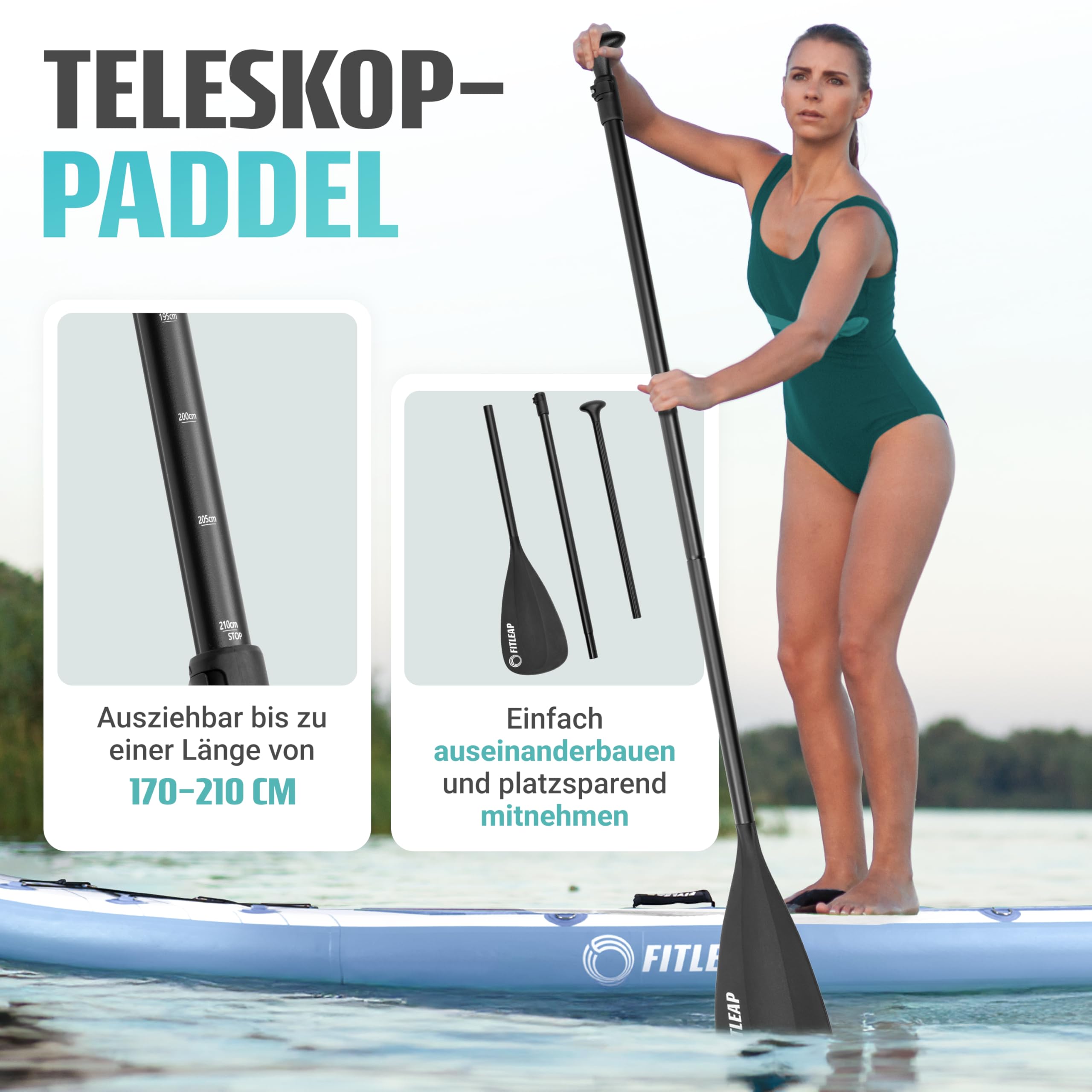 Fitleap Premium Stand Up Paddle Board aufblasbar - SUP Board Set mit Hochdruckpumpe, verstellbarem Paddel und Rucksack - Ideal für Anfänger und Profis - Perfekt für Yoga, Surfen und Wassersport