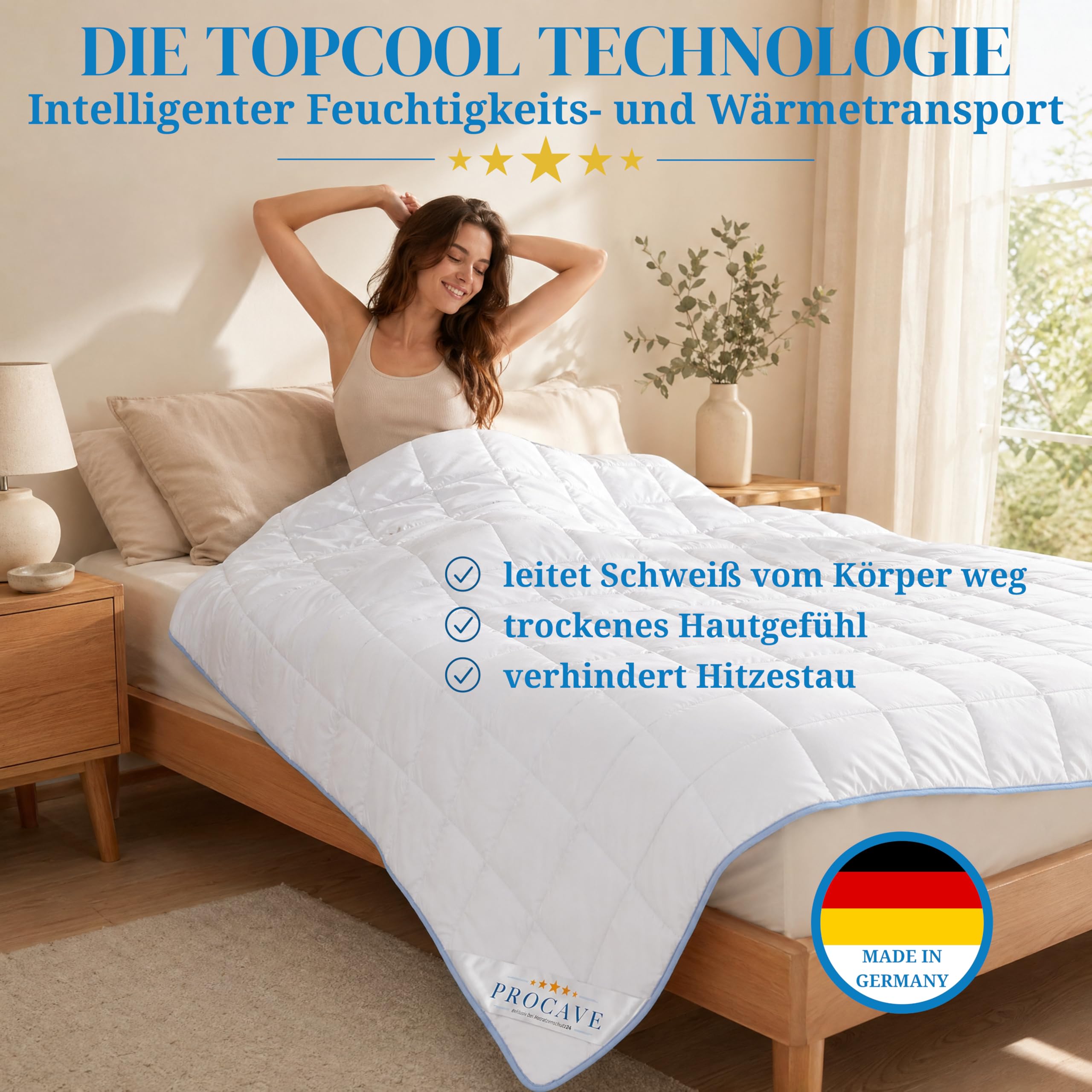 PROCAVE TopCool Sommer-Bettdecke 200x220 cm, atmungsaktiv & kühlend | gegen Nachtschwitzen, federleicht, 95 Grad kochfest waschbar, für Allergiker, formstabile Steppung, Made in Germany