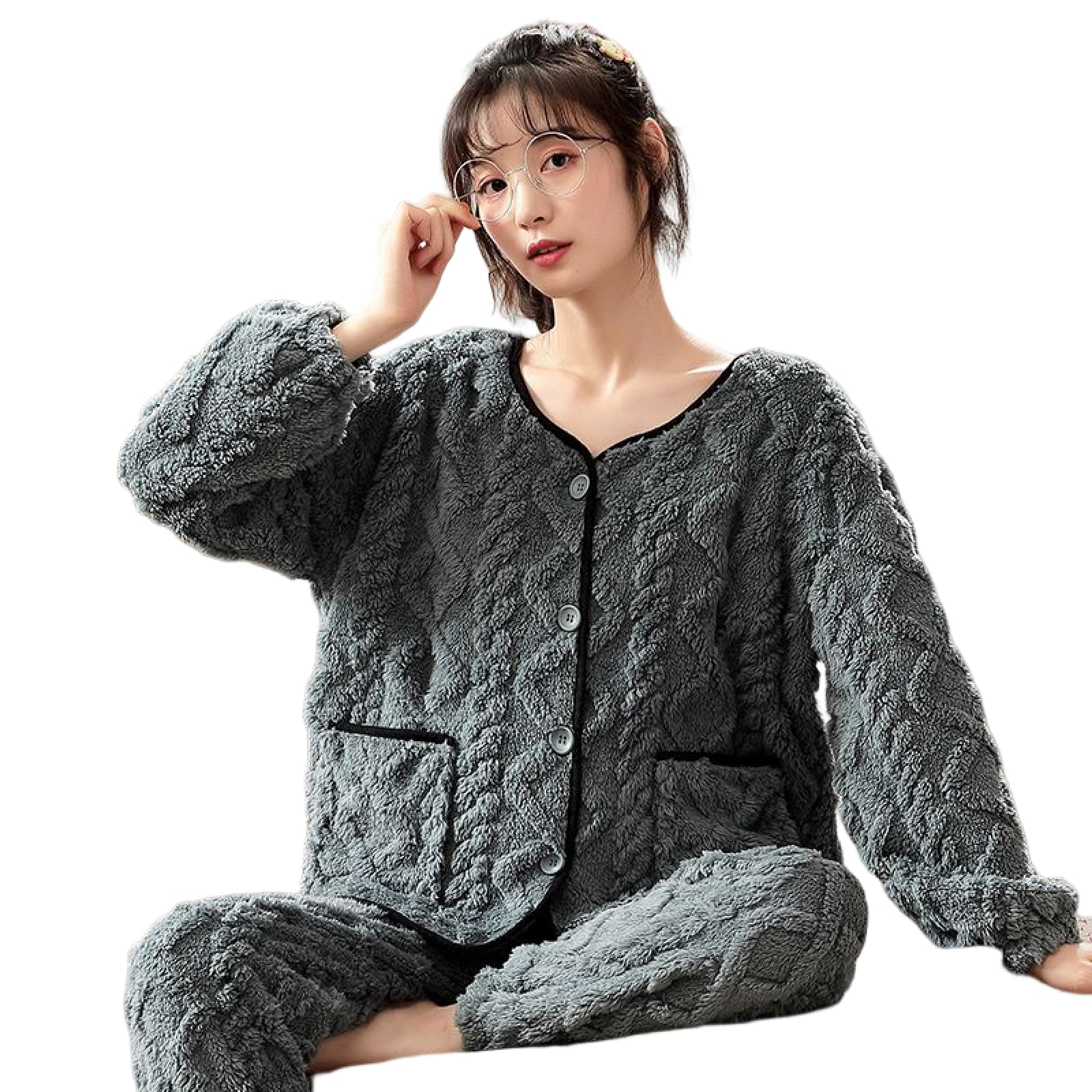 Set Pigiama in Pile Donna -Donne Home Vestiti Cardigan Elegante Pigiama di Flanella Set Pigiama Invernale A Maniche Lunghe Pigiama Caldo da Notte con Tasca Comodo Loungewear