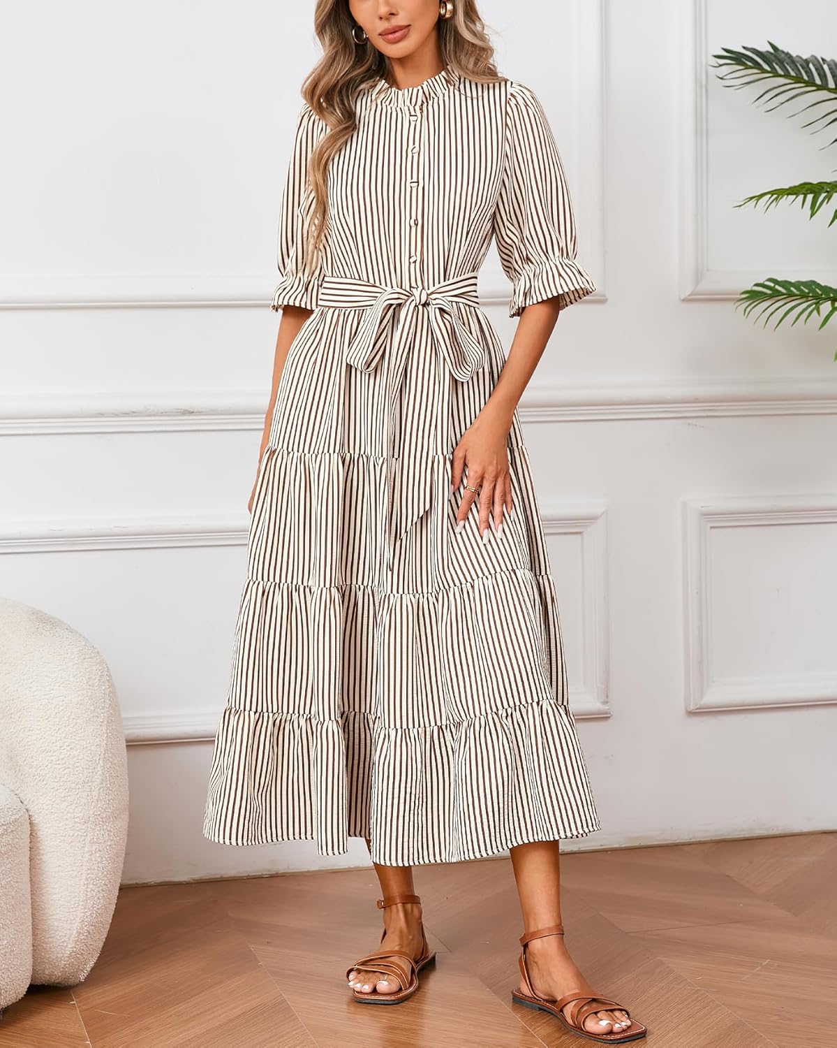 Women's Striped Stand Ruffle Collar Maxi Dress Half Sleeve Button Down Flowy Belted Beach Vacation Dress - Image 5