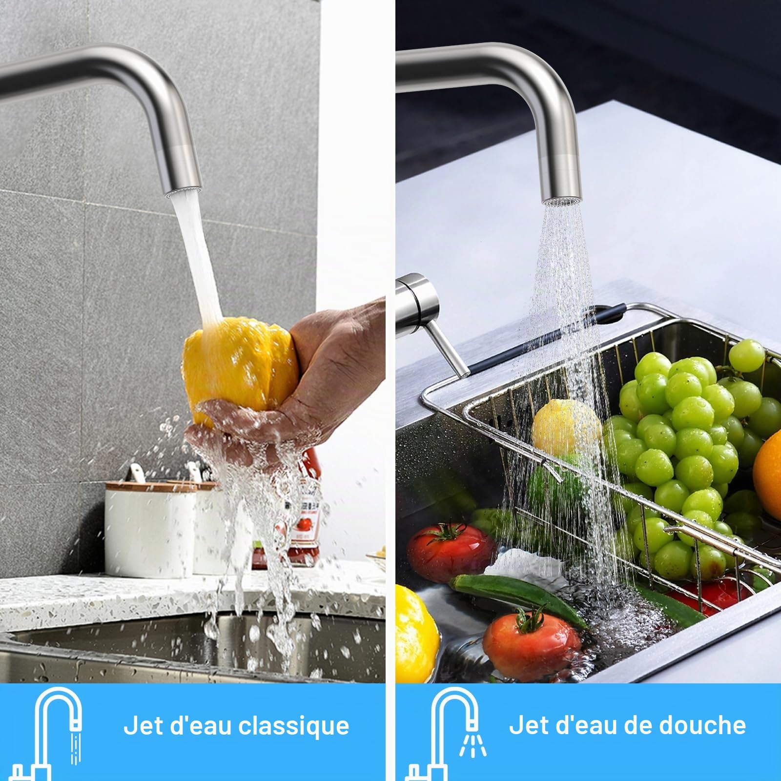 YEAUPE PRO Robinet de cuisine pliable pour fenêtre avant - Robinet pivotant à 360° - Robinet d'évier pliable à 180° en acier inoxydable 304 - Mitigeur avec 2 types de jet - Design démarrage à froid