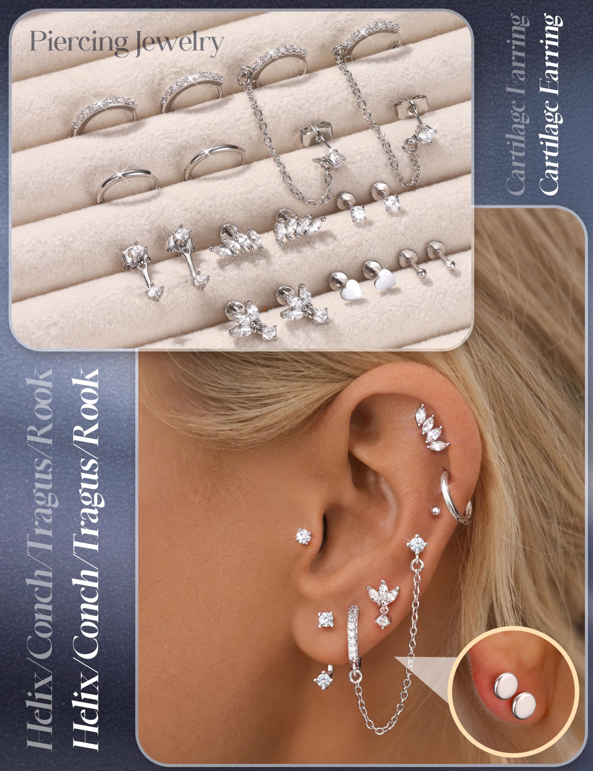 Pendientes de Tuerca con Parte Trasera Plana de 16G/18G/20G para Mujer, hipoalergénicos