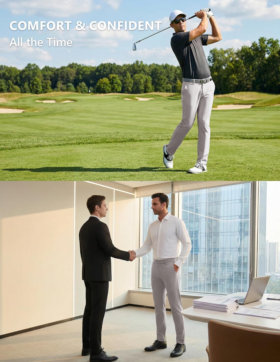PULI Men's Golf Pants Stretch Dress Pants Soft Cooling Quick Dry Lightweight Breathable Comfy Work Trousers with Pockets