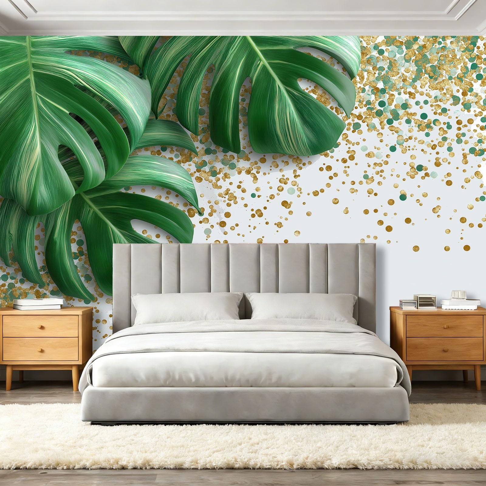 Tropikalna fototapeta liście palmowe marmur fotografia ścienna do sypialni pokoju dziecięcego, 300 x 210 cm tapeta artystyczna, kremowa