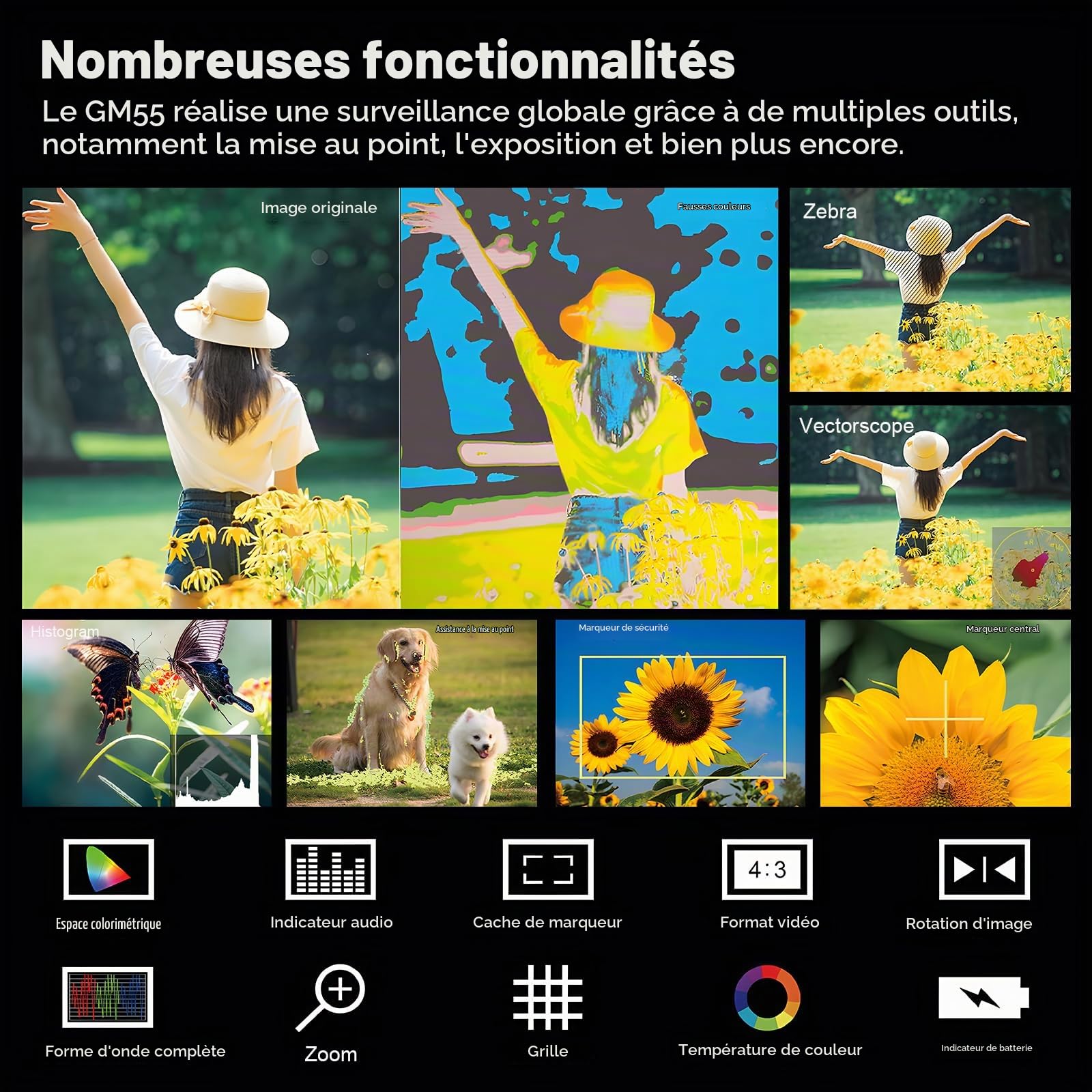 Godox GM55 5,5 Pouce 4k Externe Caméra Moniteur avec Batteria Écran Tactile 410nit DSLR Camera Field Monitor 1920x1080 IPS HDMI 3D LUT avec NP-F550 Batteria Pare-Soleil de Terrain pour Micro et DSLR