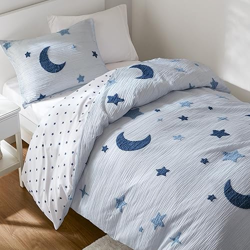 Intelligent Design Cosmos - Juego de edredón infantil tamaño individual – Chenilla copetuda con estrella azul y luna, ropa de cama reversible de 2