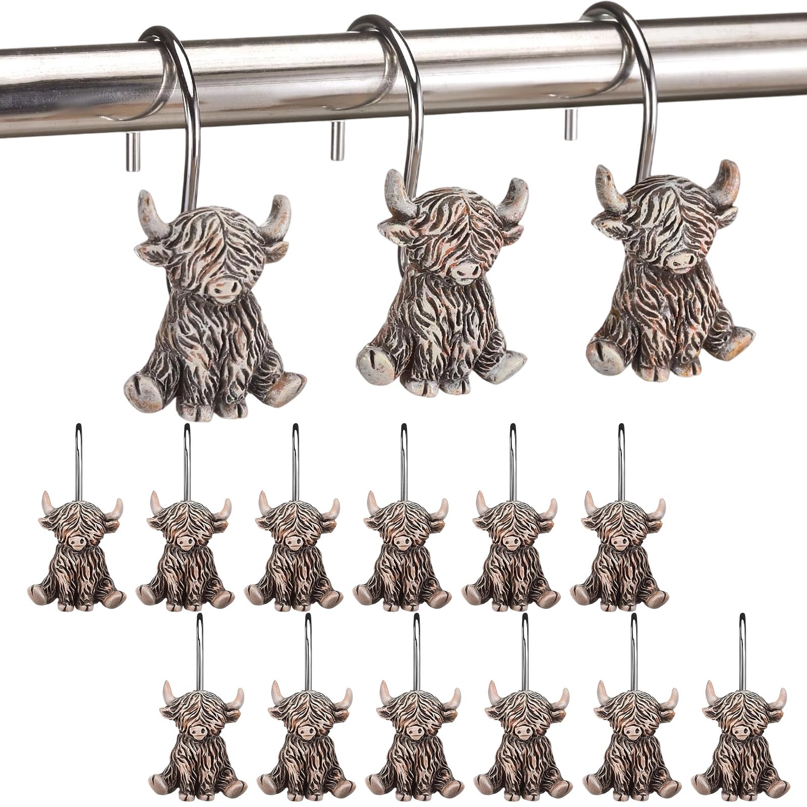 Zorvix 12 Pcs Adult Highland Cow Shower Curtain Hooks, Shower Curtain Rings with Hooks, Stainless Steel Rust Resistant Rings Hangers, Bathroom Decor for Bathroom, Window Door Curtain