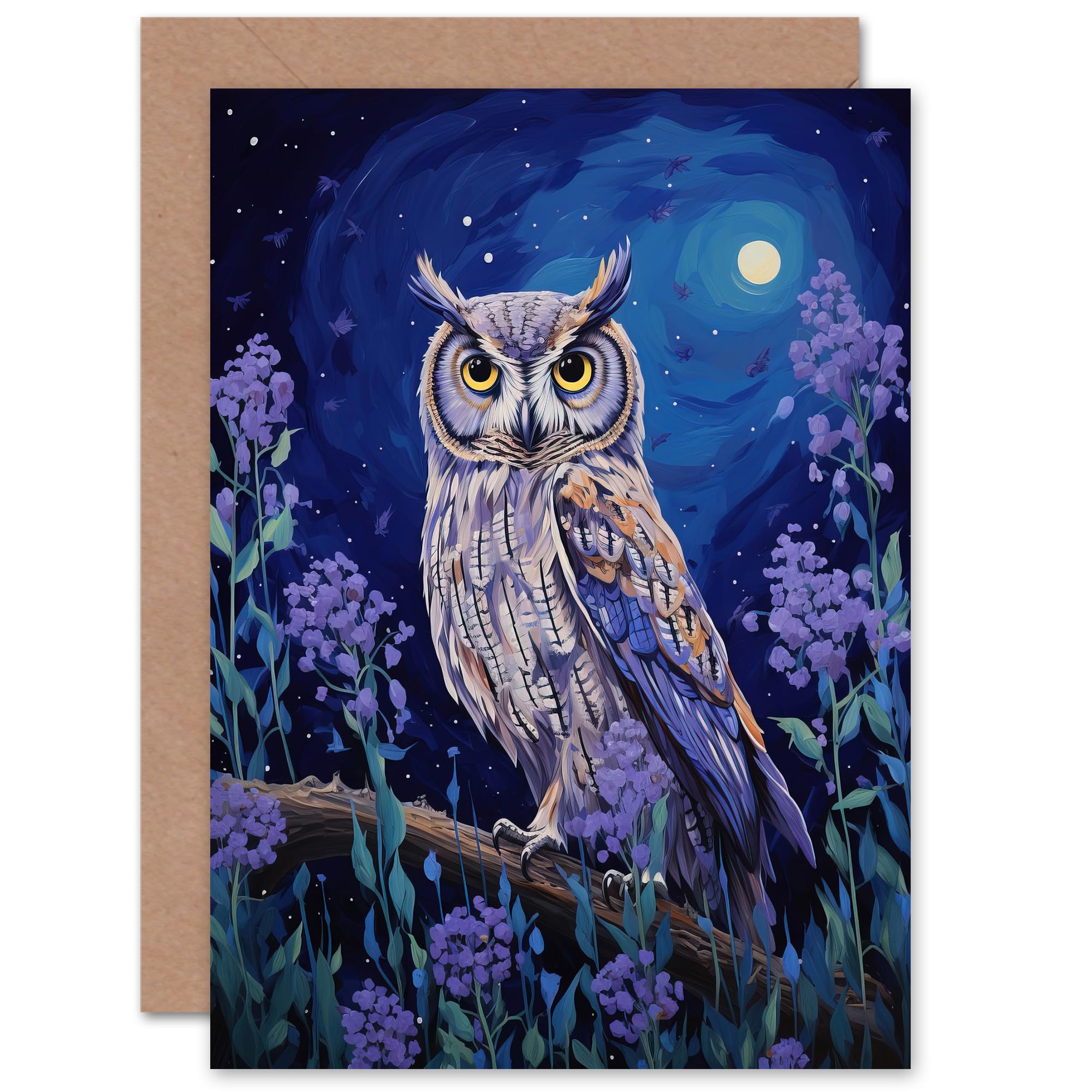 Artery8 - Greeting Card - Owl Lavender Field Full Moon - Blue