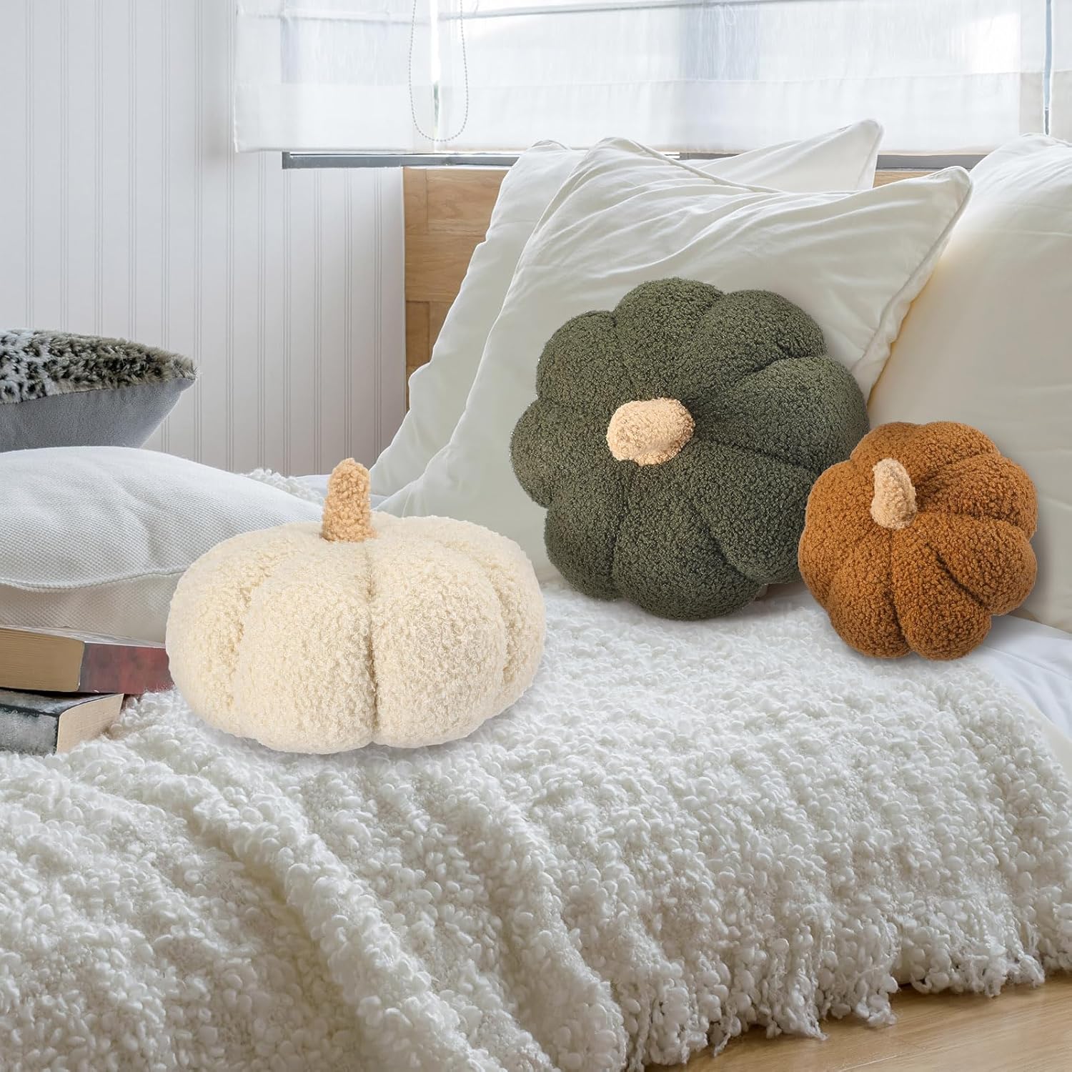 Briwooody 3 Pcs Fall Halloween Sherpa Pumpkin Throw Pillow Fleece Pumpkin Throw Pillow 3D Fall Thanksgiving Halloween Home Decor for Car Bedroom Living Room, 7, 9, 11 Inches, 3 Color
