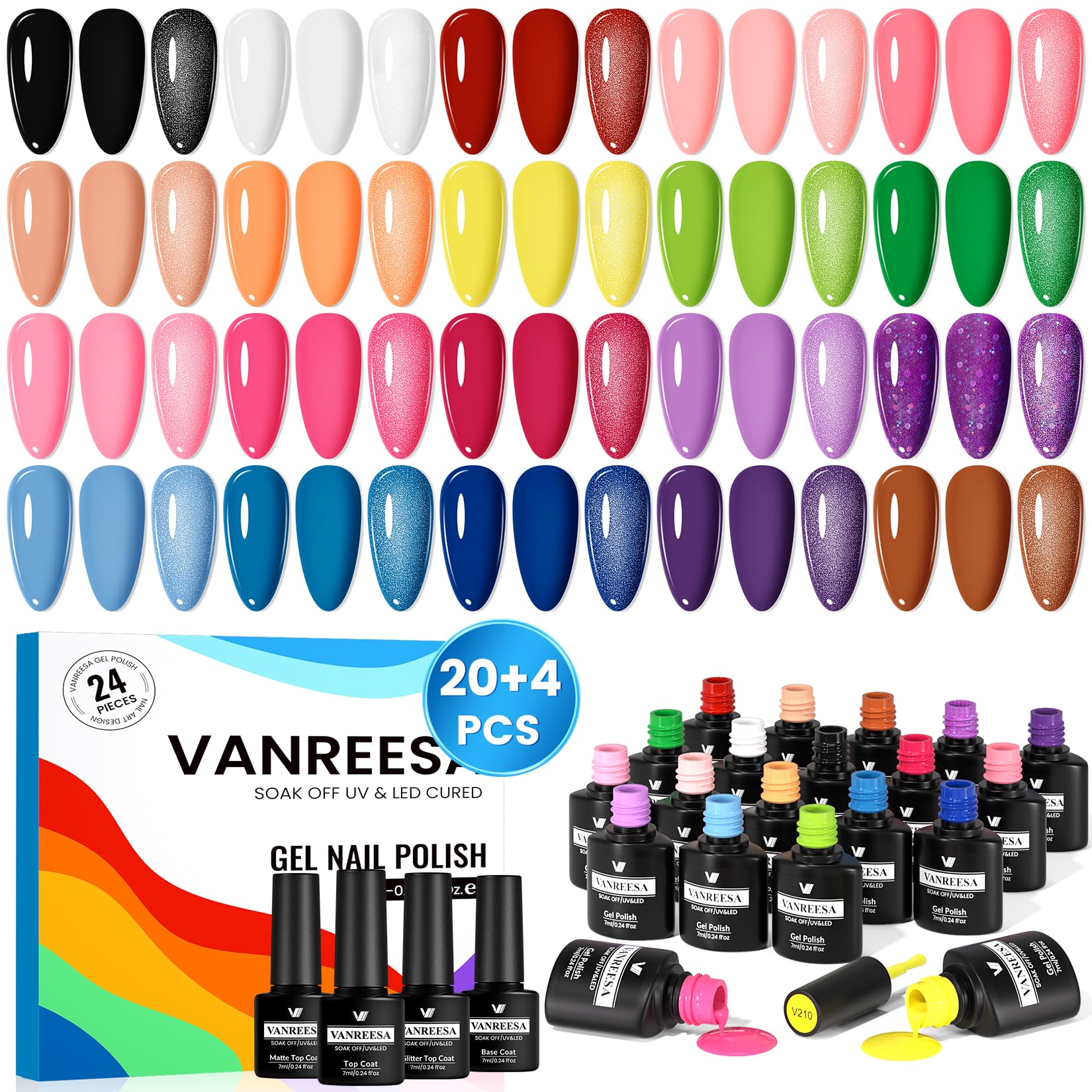 VANREESA Vernis Semi Permanent, 20 Couleurs Noir Rouge Blanc Rose Jaune Bleu Vernis Gel UV Semi Permanent avec Base Top Mat Coat Pailleté, Kit Manucure Cadeau pour Débutants
