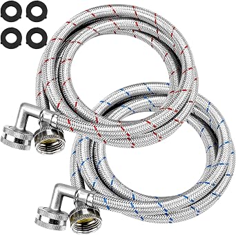 6FT Washer Stainless Steel Hoses with 90 Degree Elbows by Beaquicy - Burst Proof 3/4" FHT Standard Thread - 2 Pack Red and Blue Braided Hoses for Hot and Cold Water Supply -