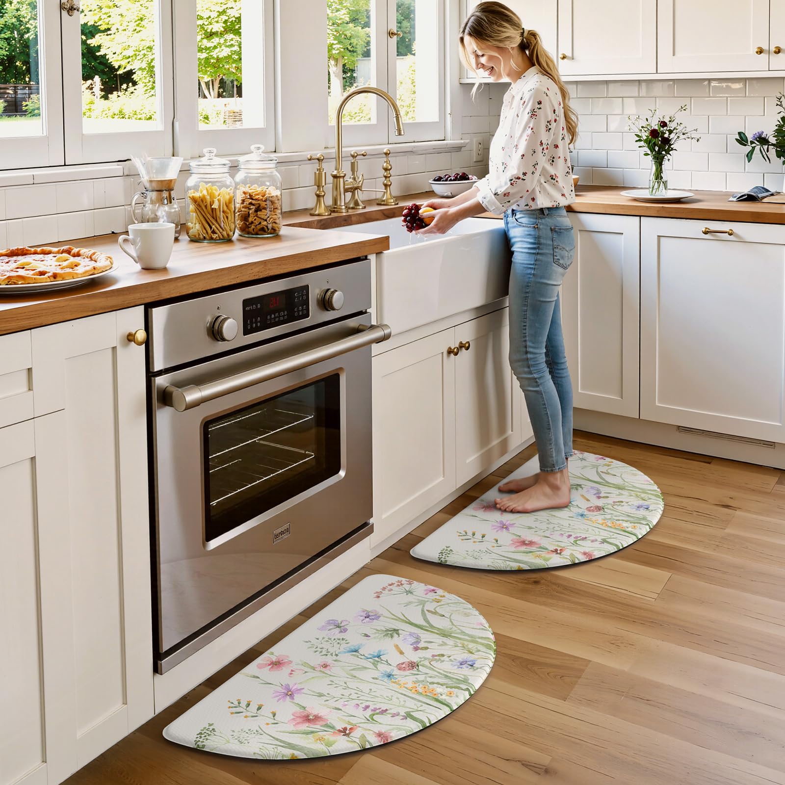 KIMODE Set di 2 tappetini da cucina anti affaticamento per pavimento, tappeti da cucina a mezza luna, 45,7 x 71,1 cm, tappeti per pavimento della cucina, tappetini da scrivania in memory foam