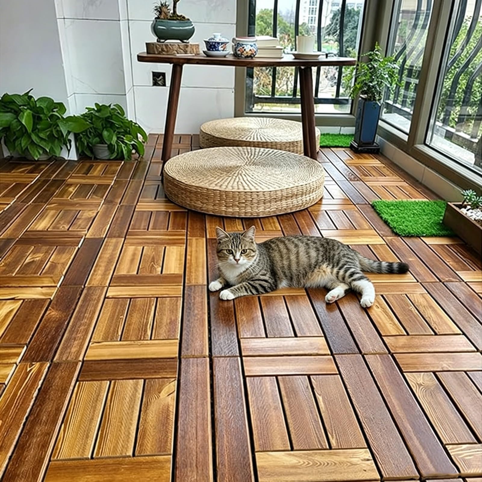 Baldosas compuestas entrelazadas for terrazas con acabado de veta de madera, paneles de suelo for exteriores de 12x12 pulgadas fáciles de montar(36)