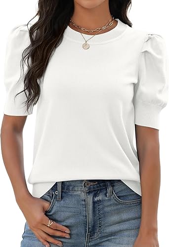 YSYOKOW Women's Puff Short Sleeve Sweater Top Soft Lightweight Knit Crew Neck Pullover - Business Casual Office Work Top