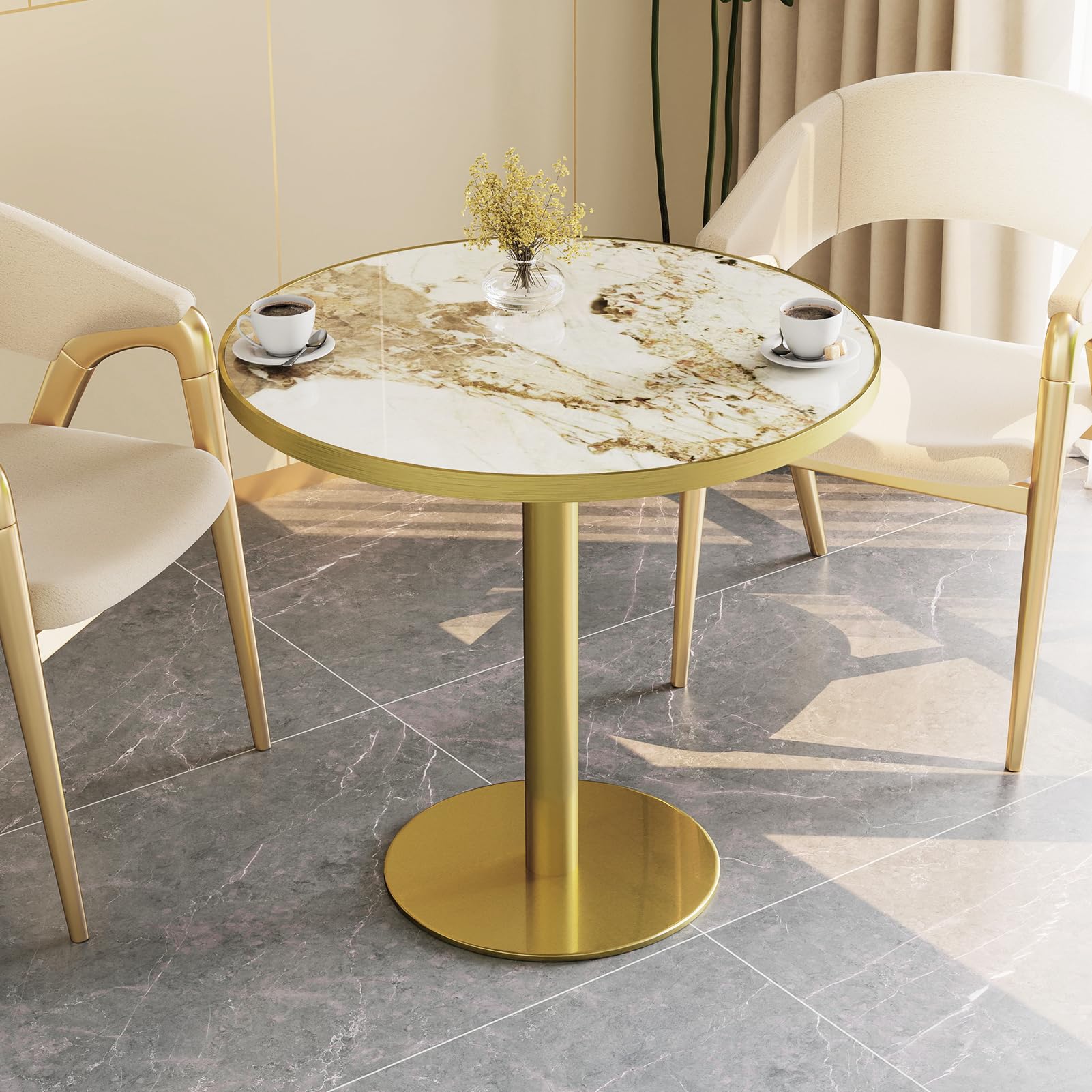 31.5" Round Tulip Table with Sintered Stone Tabletop, Gold Edge &amp; Pedestal