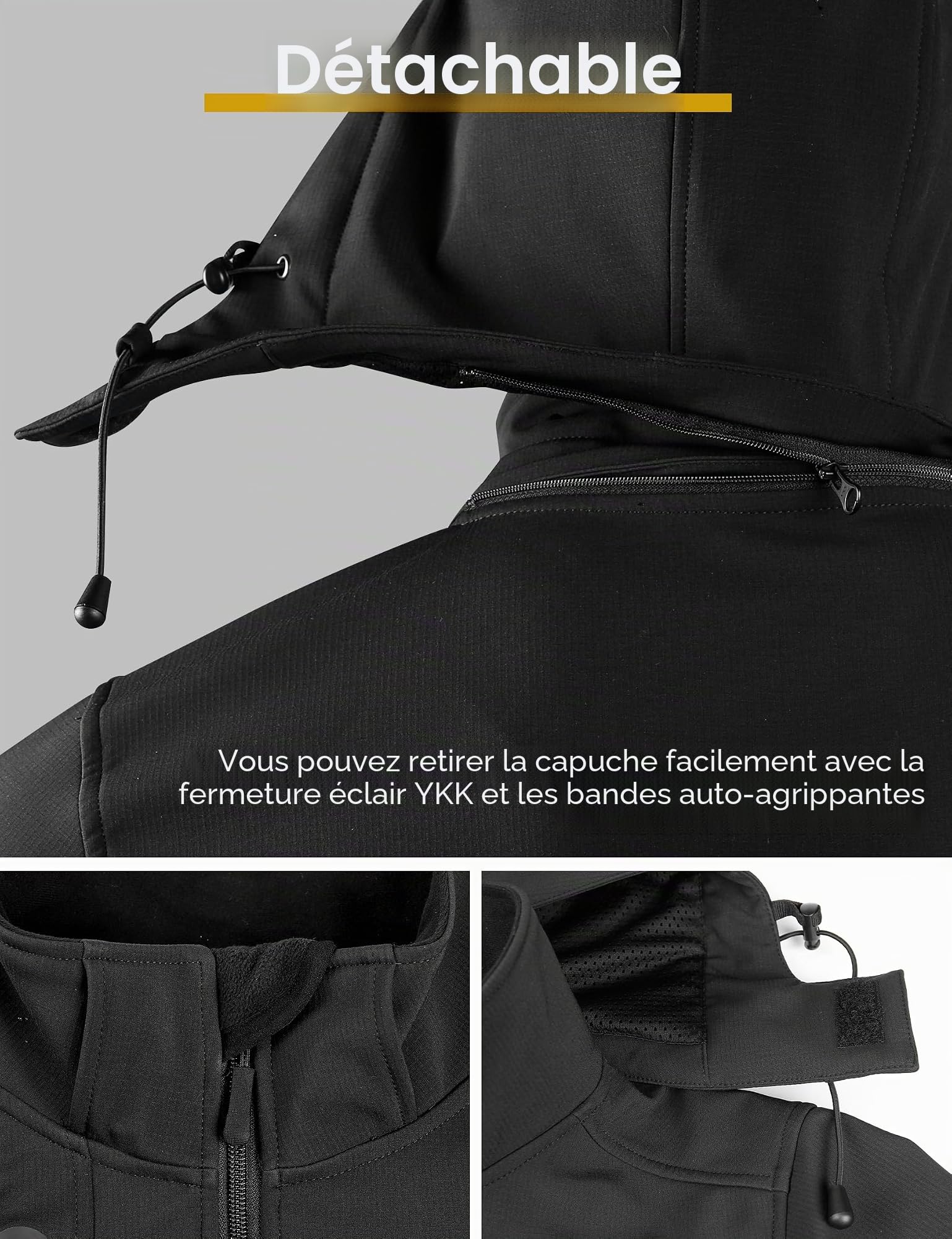 KUTOOK Veste Softshell Homme Hiver Blouson pour Randonnée Chauffante à Capuche Coupe-Vent Imperméable Blouson Chaud Thermique Velo VTT Jogging Sport de Plein Air HC001