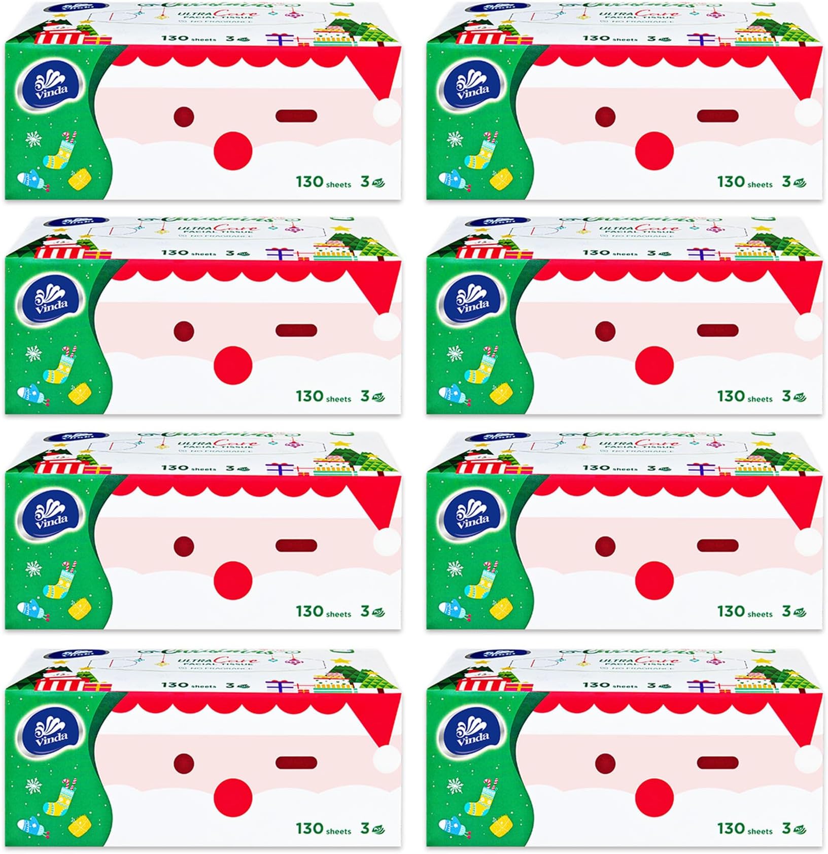 Vinda 3-Ply Ultra Care Facial Tissues, Cute Edition, Festive Holiday Boxes, 130 Tissues/Box, 8 Flat Boxes, Ultra Soft & Gentle for Sensitive Skin, Ideal for Home, Office, or Holiday Gifts
