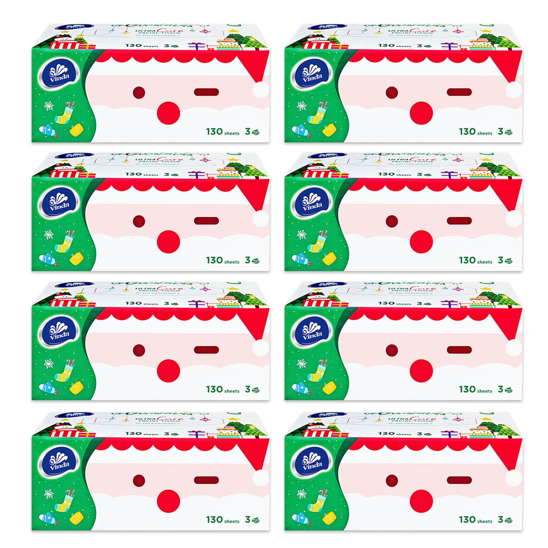 Vinda 3-Ply Ultra Care Facial Tissues, Cute Edition–Festive Holiday Boxes, 130 Tissues/Box, 8 Flat Boxes, Ultra Soft & Gentle for Sensitive Skin, Ideal for Home, Office, or Holiday Gifts