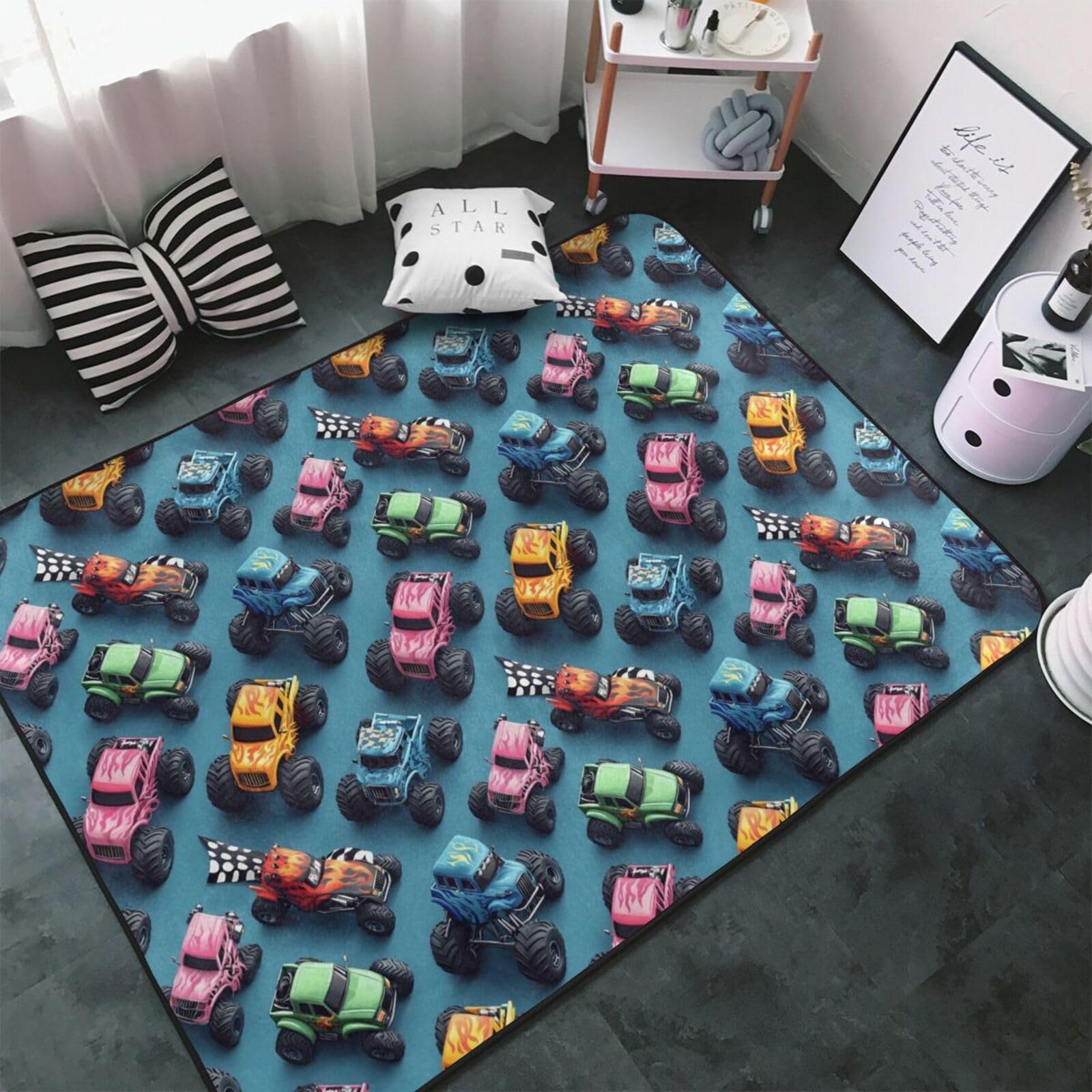 Tapis antidérapant lavable pour chambre avec imprimé camions