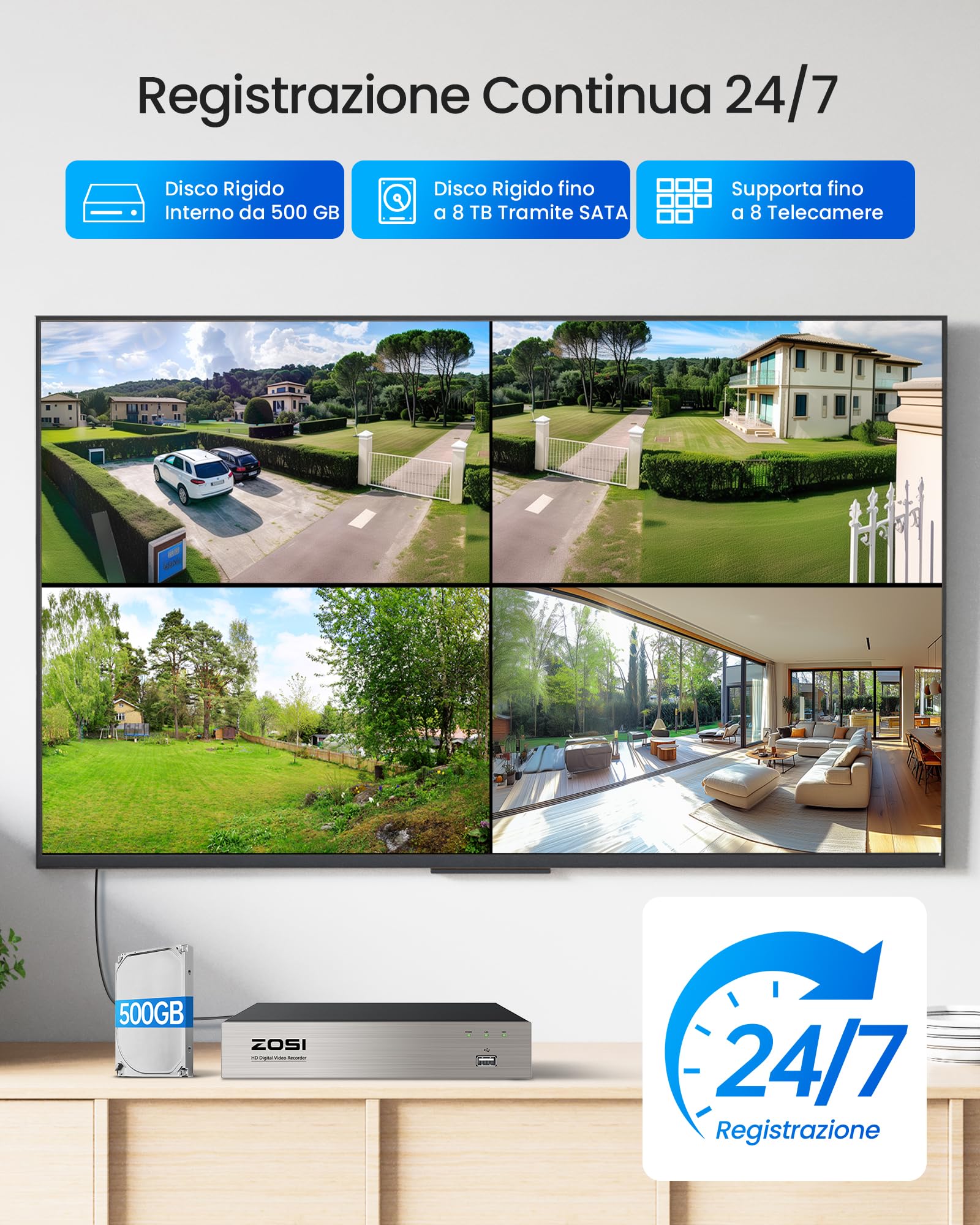 ZOSI 8CH 5MP Kit di Sorveglianza DVR con Telecamera Cablata da 500GB, 5MP Telecamera Esterna PT 360°, Rilevamento di Persona/Veicolo, Visione Notturna 20m, Registrazione 24/7