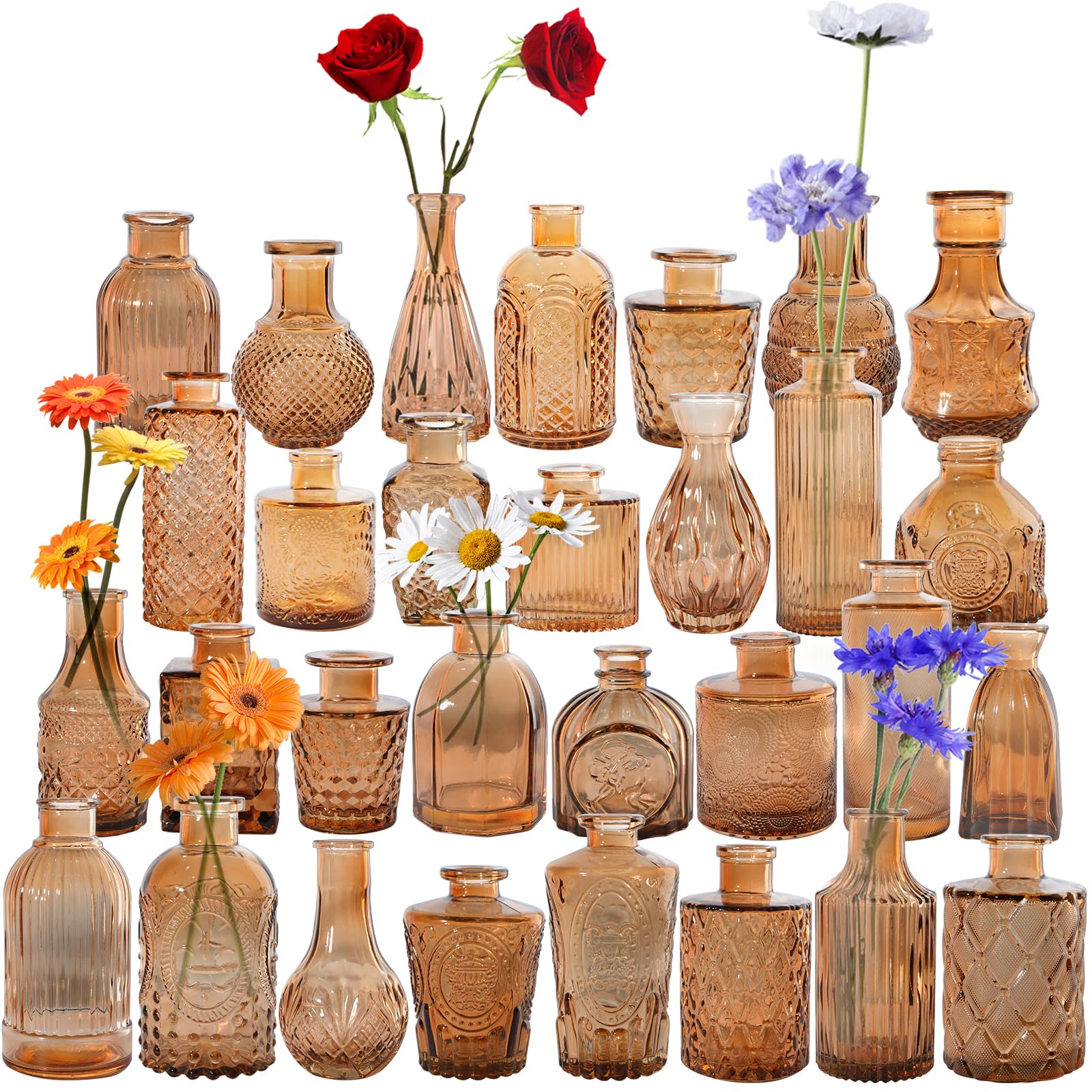 Yirilan Glass Bud Vases Set of 30, Small Vases for Flowers, Flower Vases in Bulk for Centerpieces, Vintage Mini Vases for Wedding Decor, Home Table Decorations-Amber Color