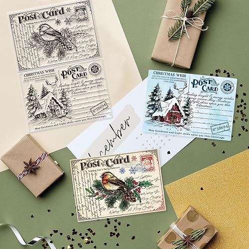 Miniatura 2 de GLOBLELAND Sellos transparentes transparentes para postales de Navidad, fondo de texto retro, láminas de sello de relieve de pájaros, sellos
