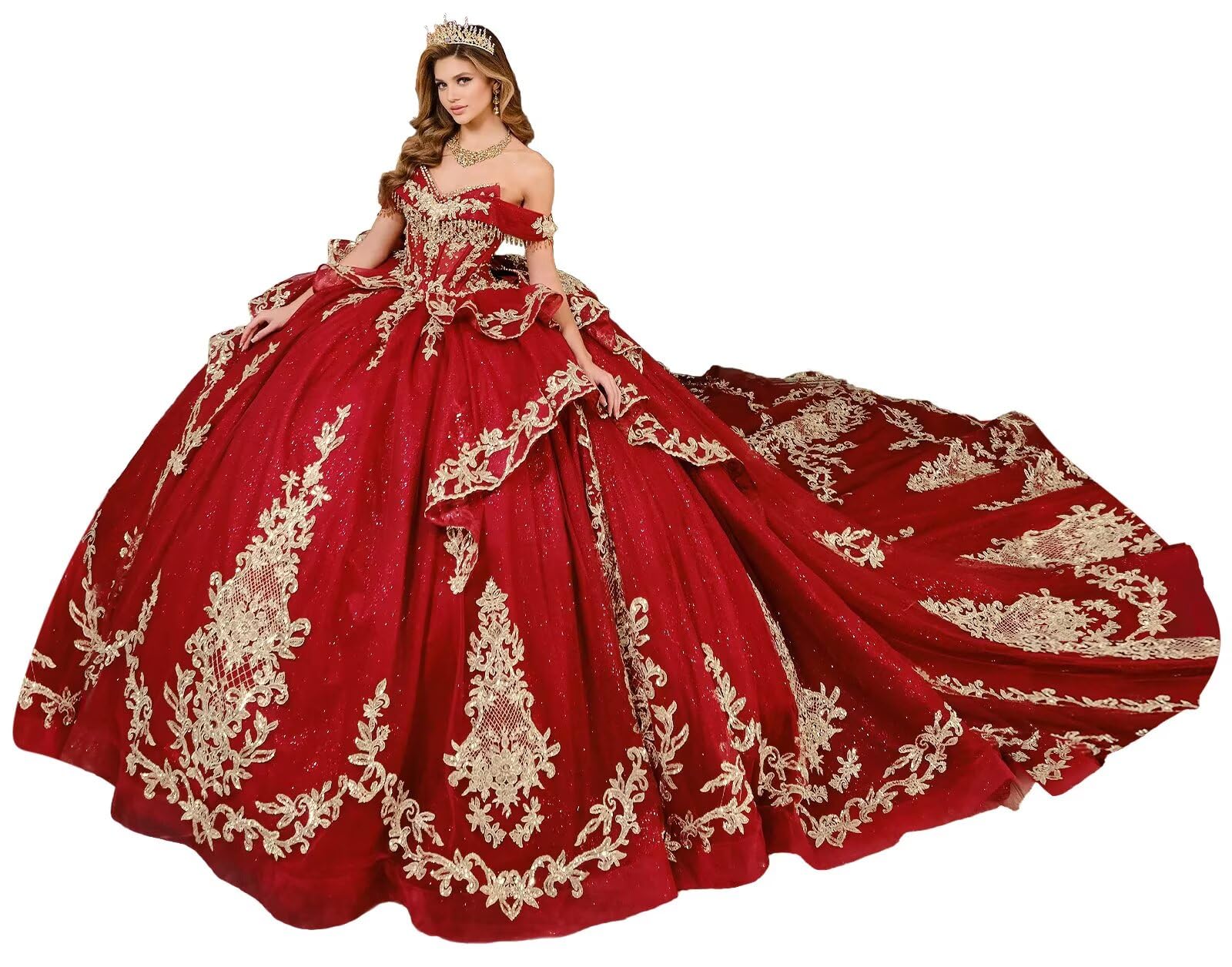 DXUOPL Glitter Tulle Quinceanera Dresses with Detachable Bow Luxury Tassel Sweet 15 16 Dress with Train Beaded Ball Gown