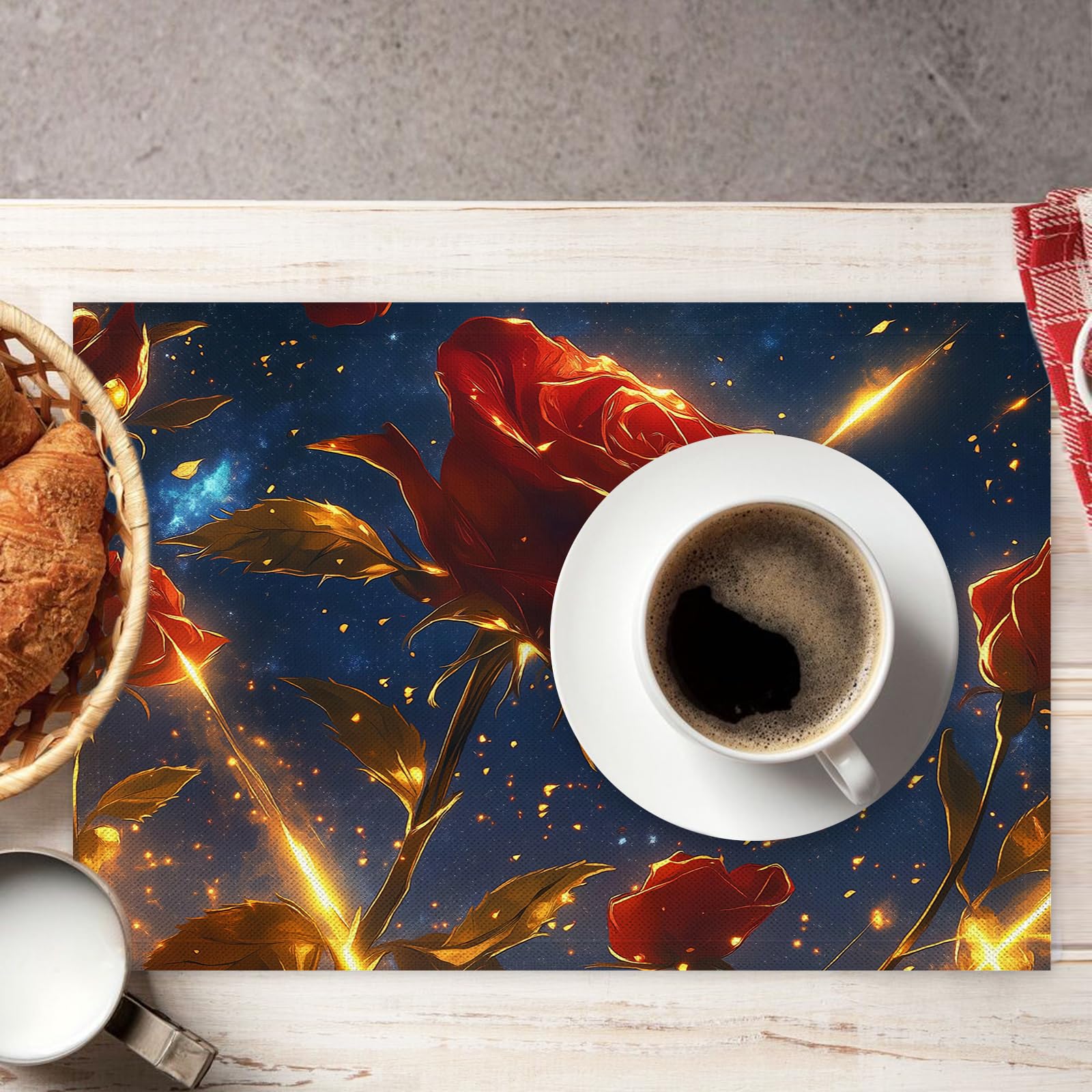 8 Pezzi Tovagliette Americana Cielo stellato - Tovaglietta Americane in Cotone e Lino Rose rosse e foglie dorate Lavabili Sottopiatto per Sala da Pranzo Tavolo da Cucina 45 ×30 cm